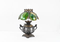 Bradley & Hubbard Victorian Style Oil Lamp with Hand Painted Hurricane Glass