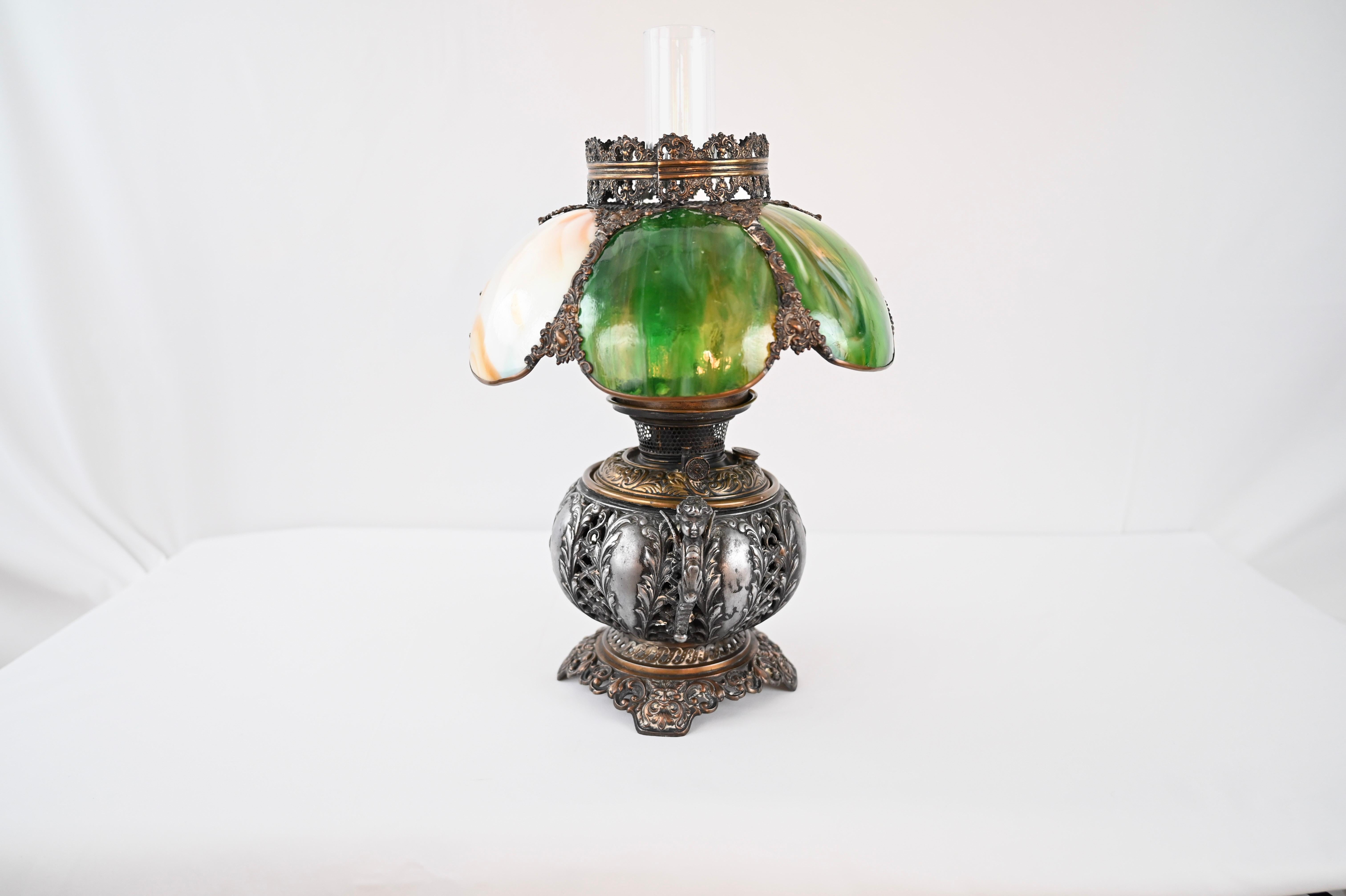 American Bradley & Hubbard Victorian Style Oil Lamp with Hand Painted Hurricane Glass For Sale