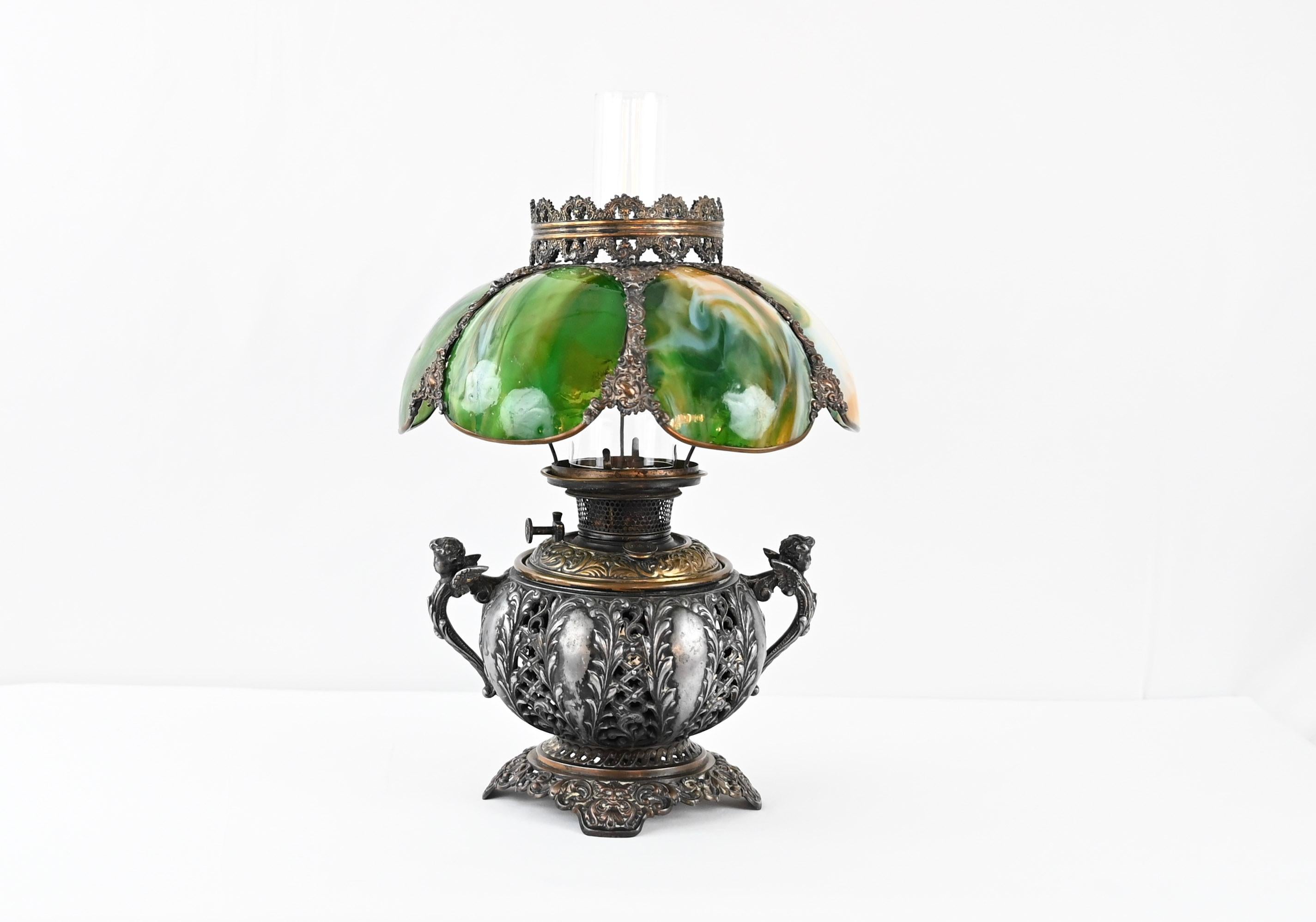 Hand-Painted Bradley & Hubbard Victorian Style Oil Lamp with Hand Painted Hurricane Glass For Sale