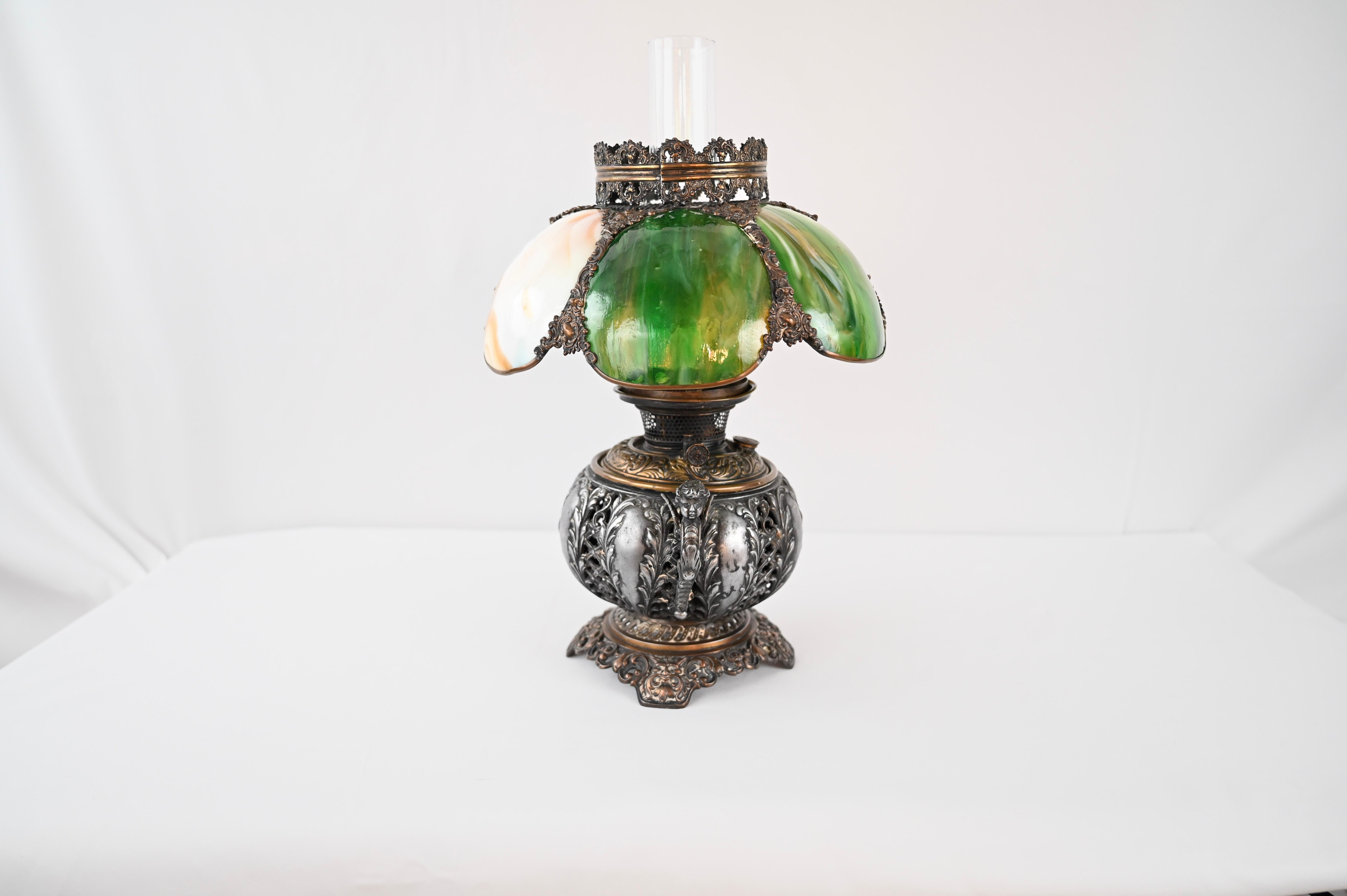 Bradley & Hubbard Victorian Style Oil Lamp with Hand Painted Hurricane Glass In Good Condition For Sale In Miami, FL