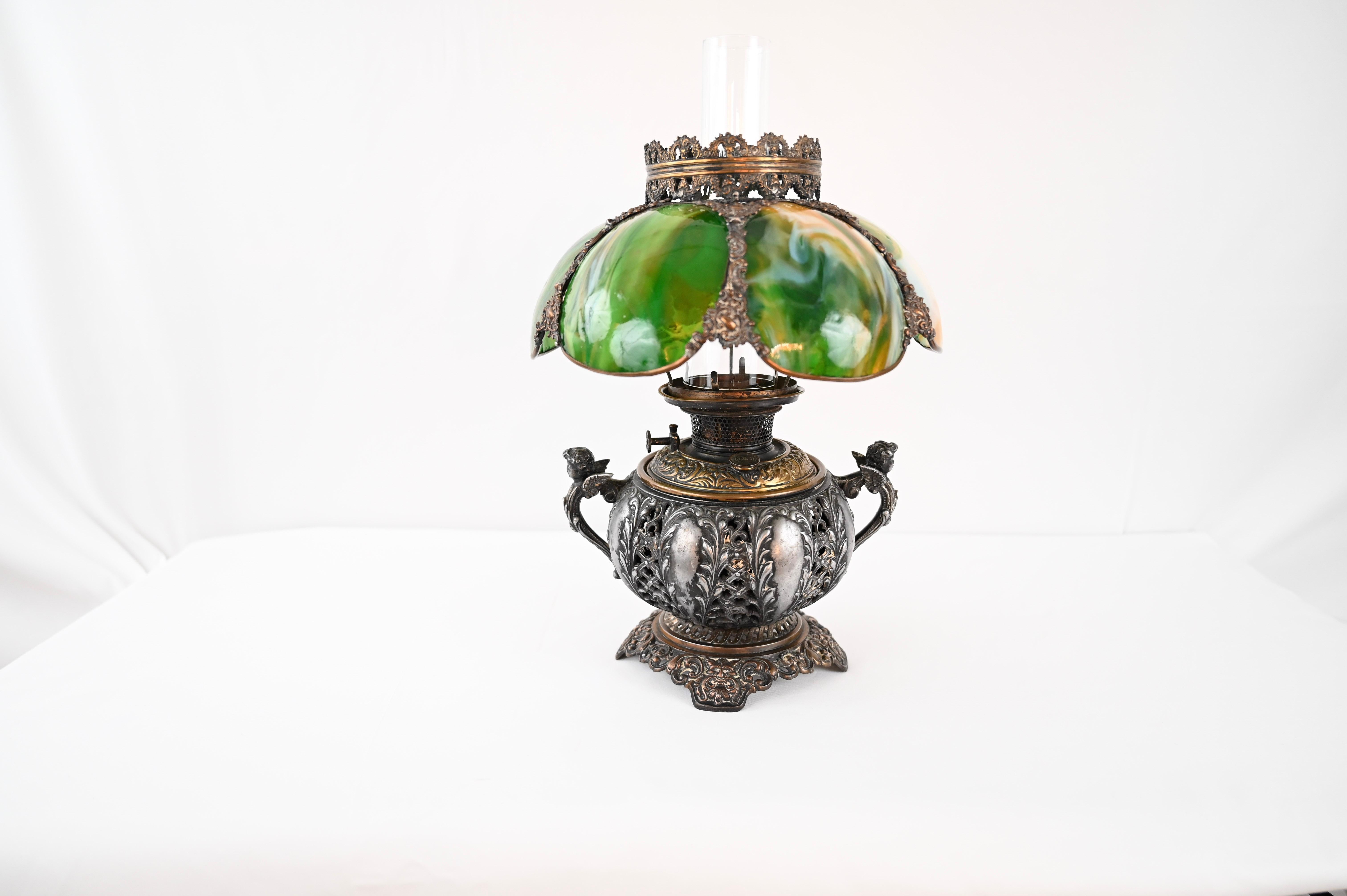 Brass Bradley & Hubbard Victorian Style Oil Lamp with Hand Painted Hurricane Glass For Sale