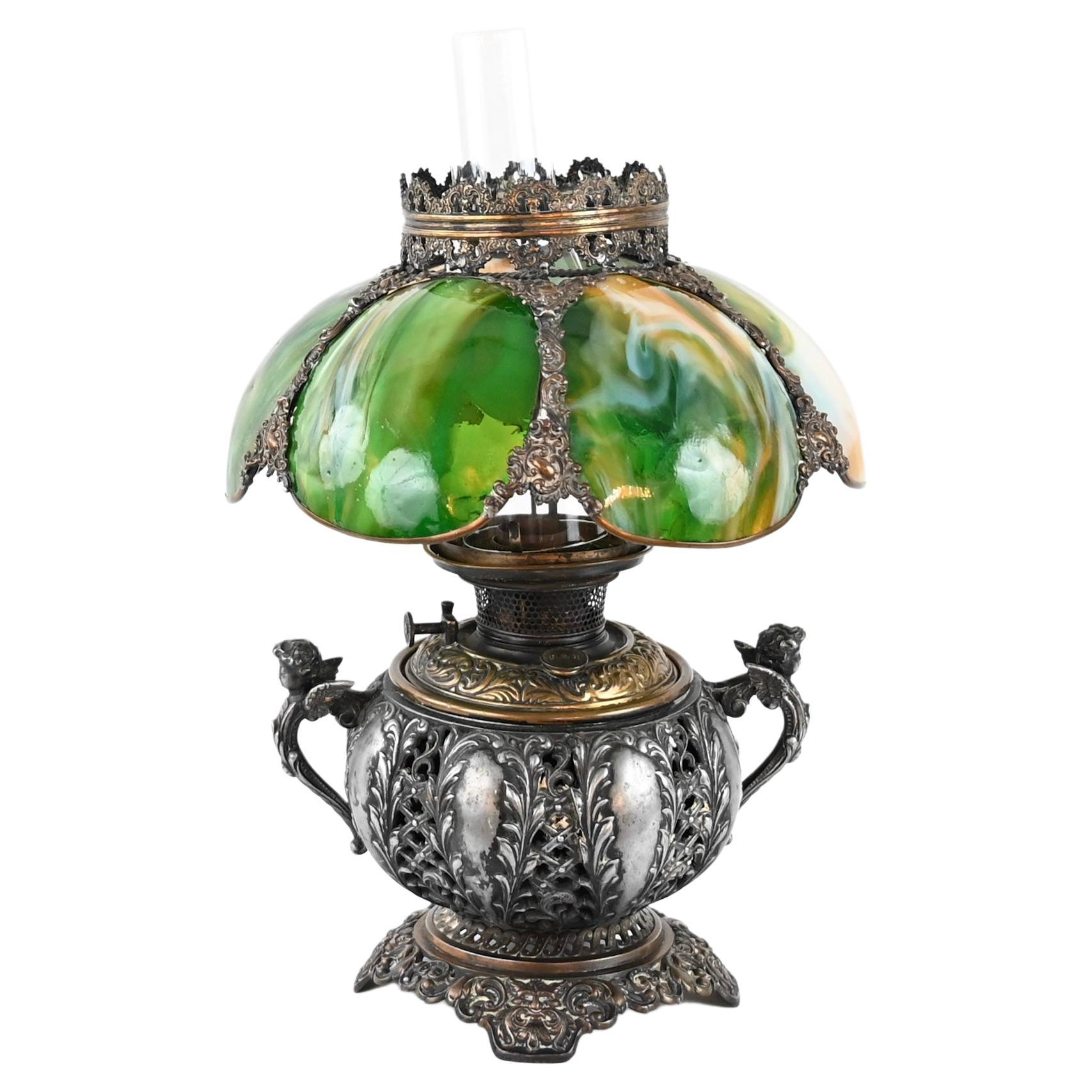 Bradley & Hubbard Victorian Style Oil Lamp with Hand Painted Hurricane Glass For Sale
