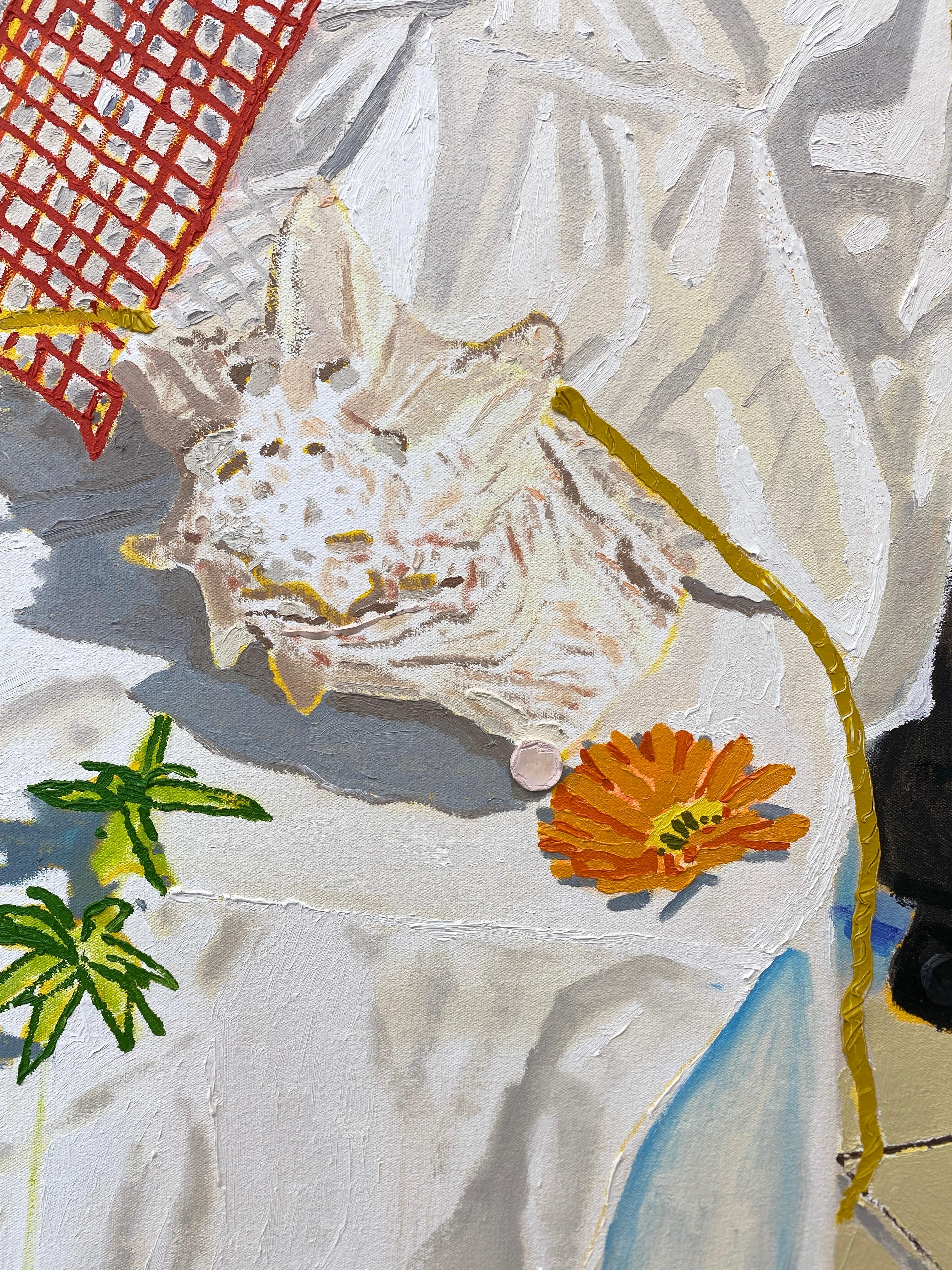 A 2017 contemporary still life painting by Bradley Kerl, measuring 66 inches tall by 48 inches wide. This oil painting depicts sea shells, plants, ropes, and various other items atop a rolling table, draped in a white sheet. 