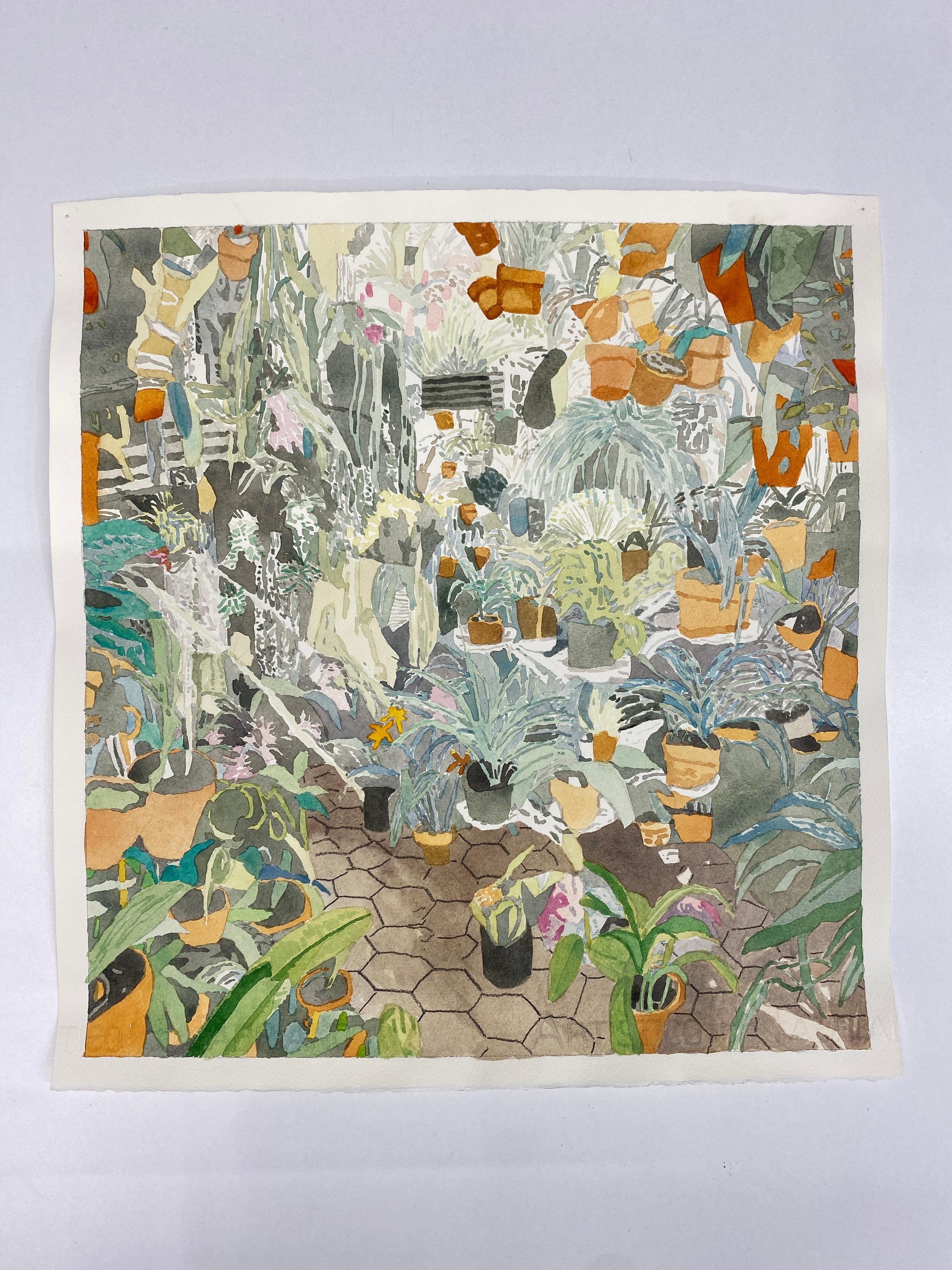 Living with Plants 2, aquarelle figurative contemporaine, Intérieurs, Flora - Art de Bradley Kerl