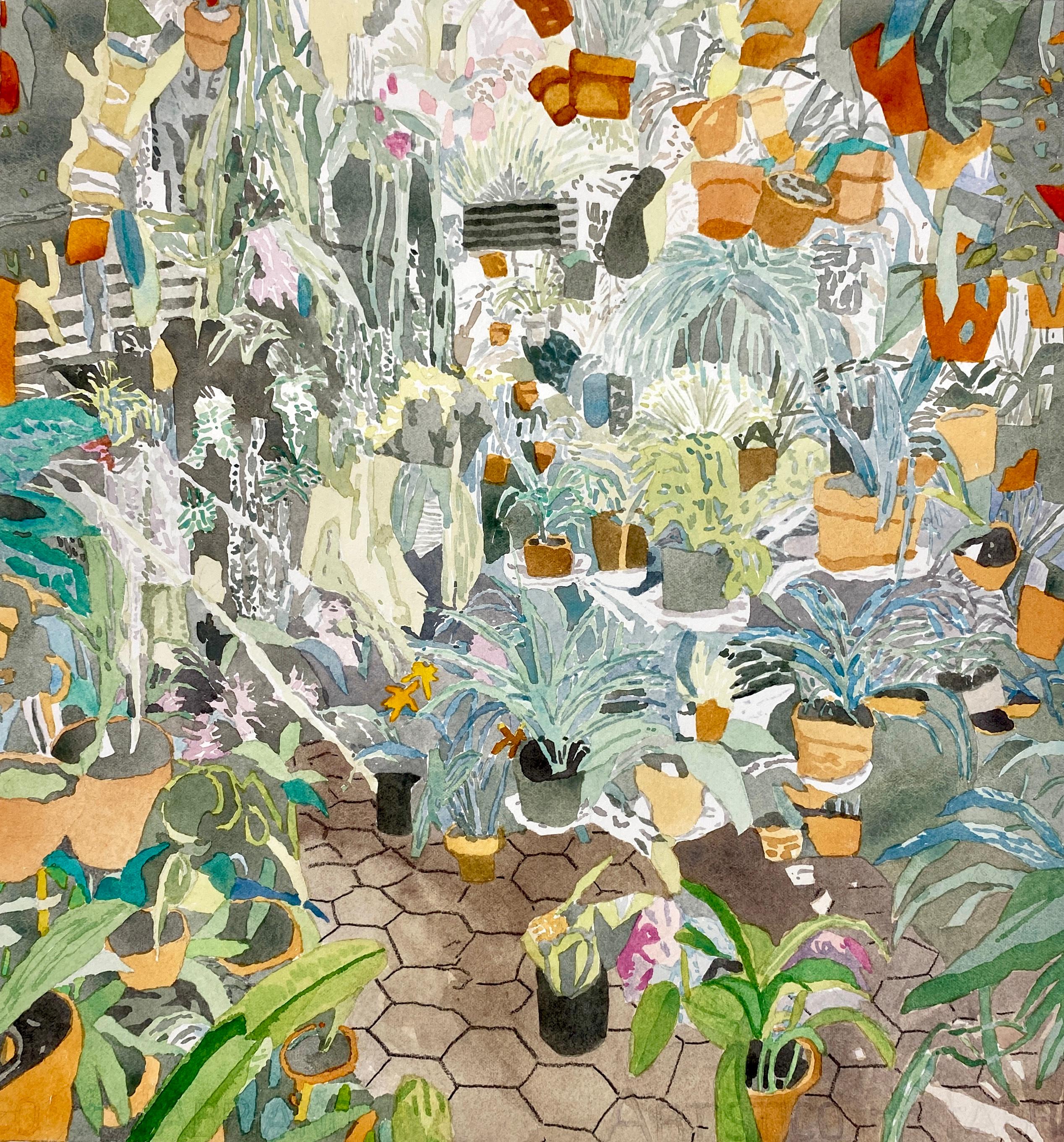 Bradley Kerl Figurative Art - Living with Plants 2, Contemporary Figurative Watercolor, Interiors, Flora