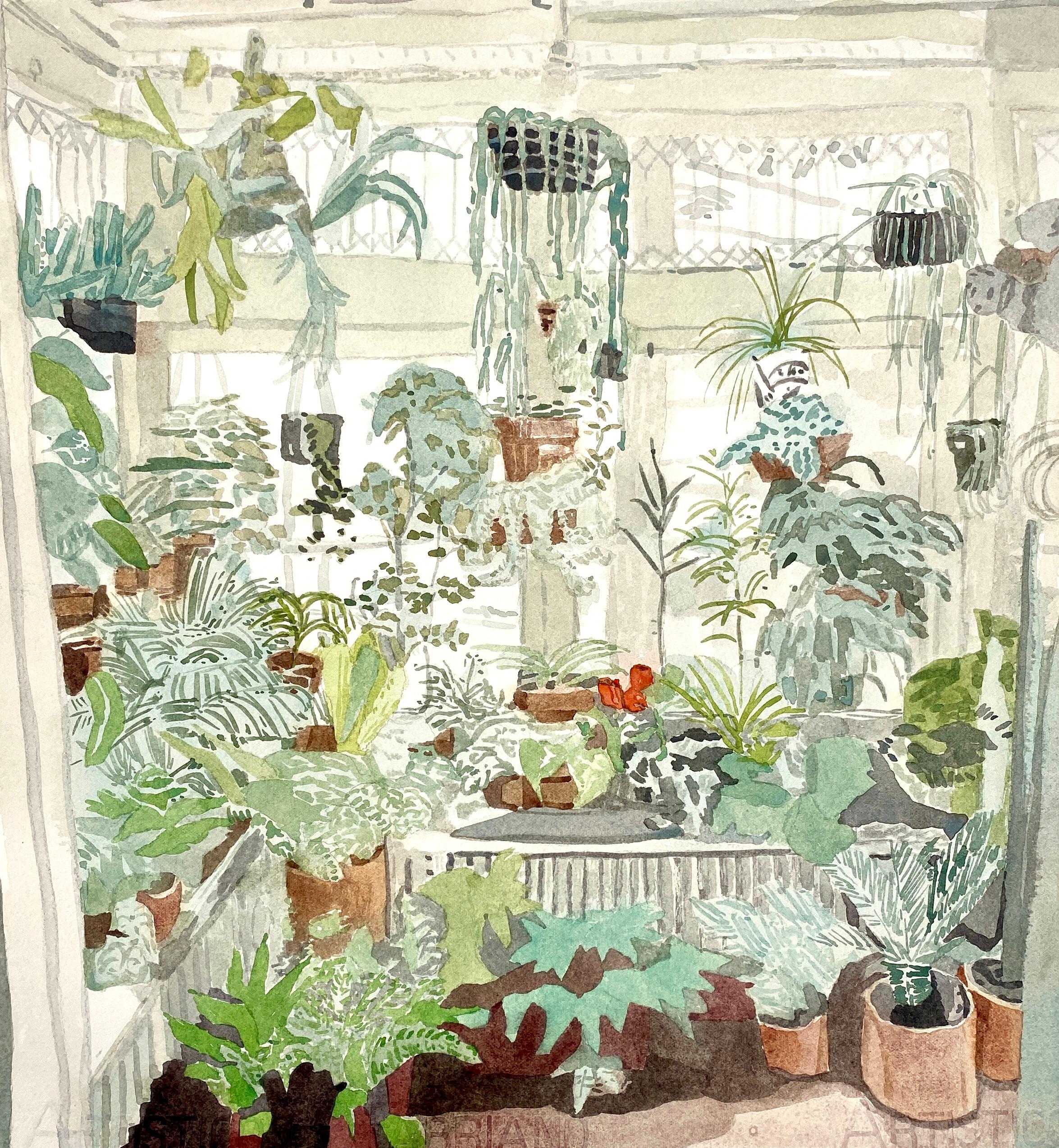 Living with Plants 1, Contemporary Figurative Watercolor, Interiors, Flora