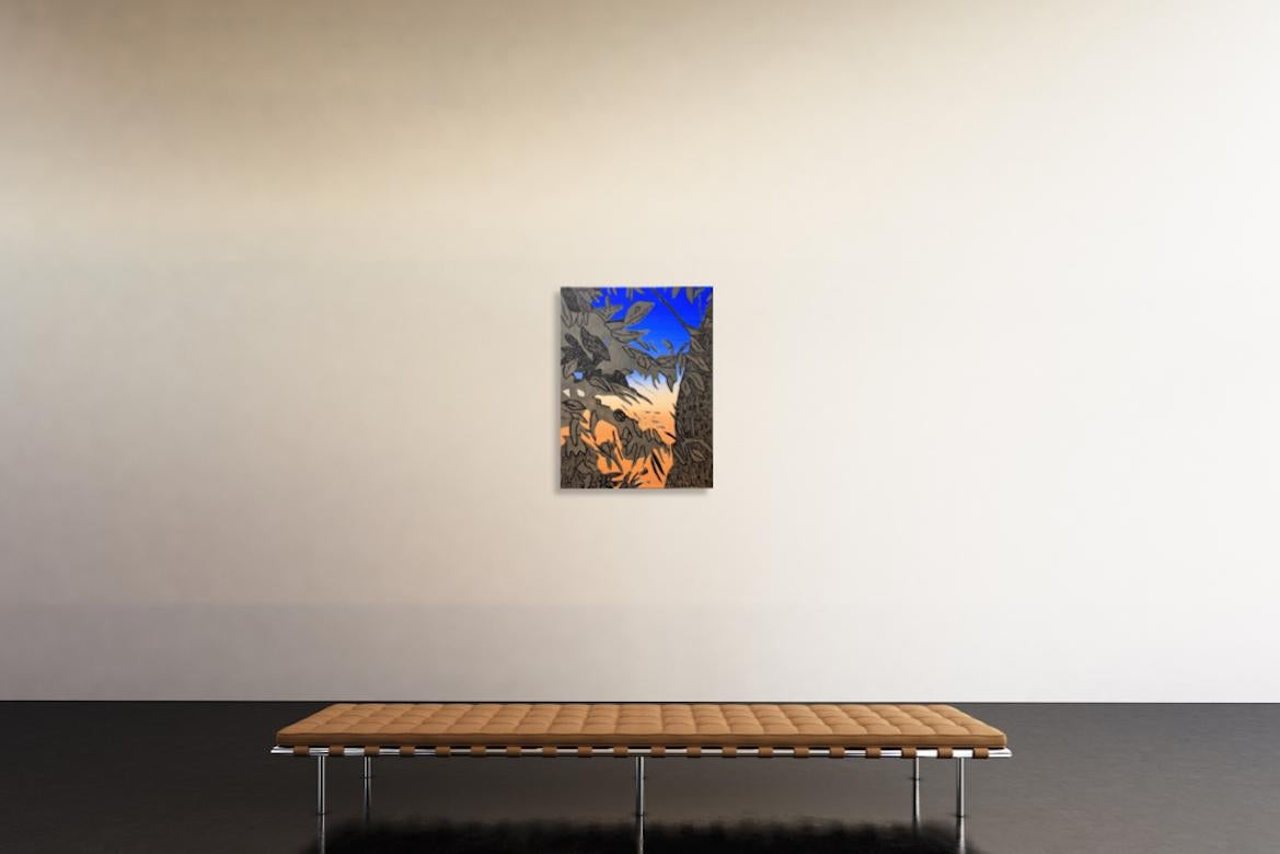 A 2021 abstract painting by Bradley Kerl, measuring 26.5 inches tall by 20 inches wide. This oil painting depicts abstracted leaf and tree bark textures over a blue and orange backdrop. The backside of the canvas features a drawing of a sun with the
