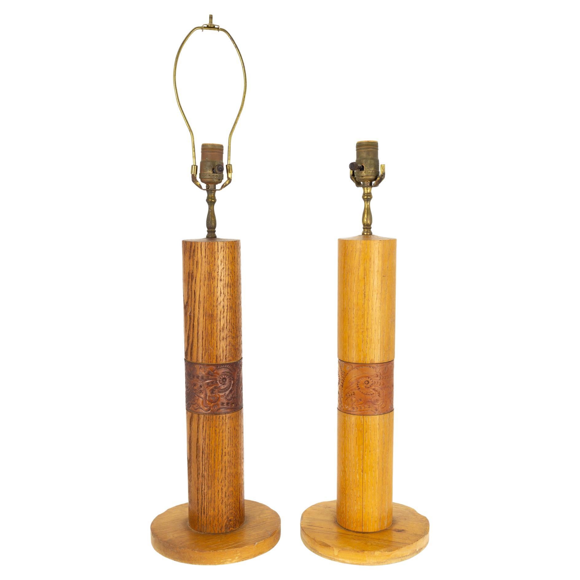 Bradley Manufacturing Oak and Leather Mid Century Table Lamps, a Pair For Sale