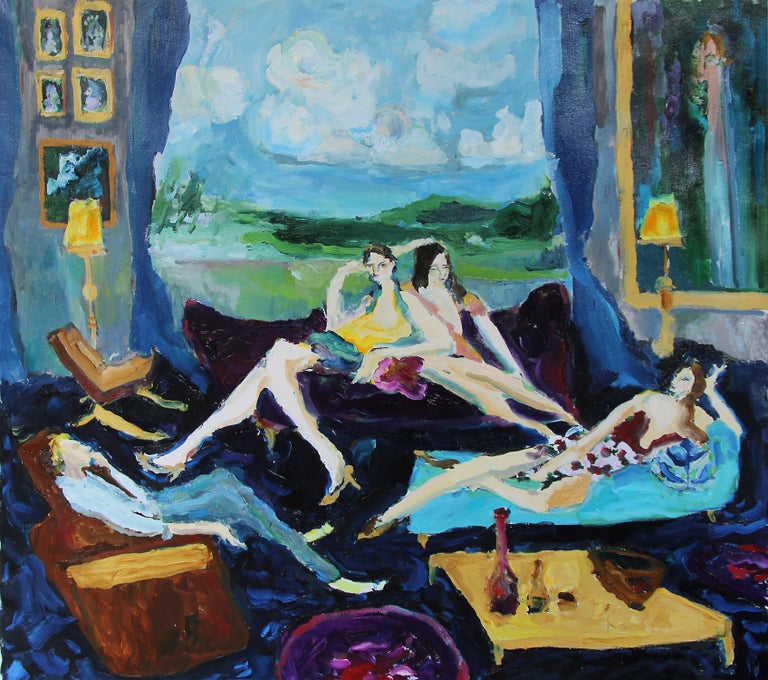 Bradley Wood Figurative Painting - Coastal Loafing, figurative oil painting on canvas, lounging people, blues