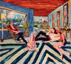 Fire Island, figurative oil painting of people in interior, chevron rug