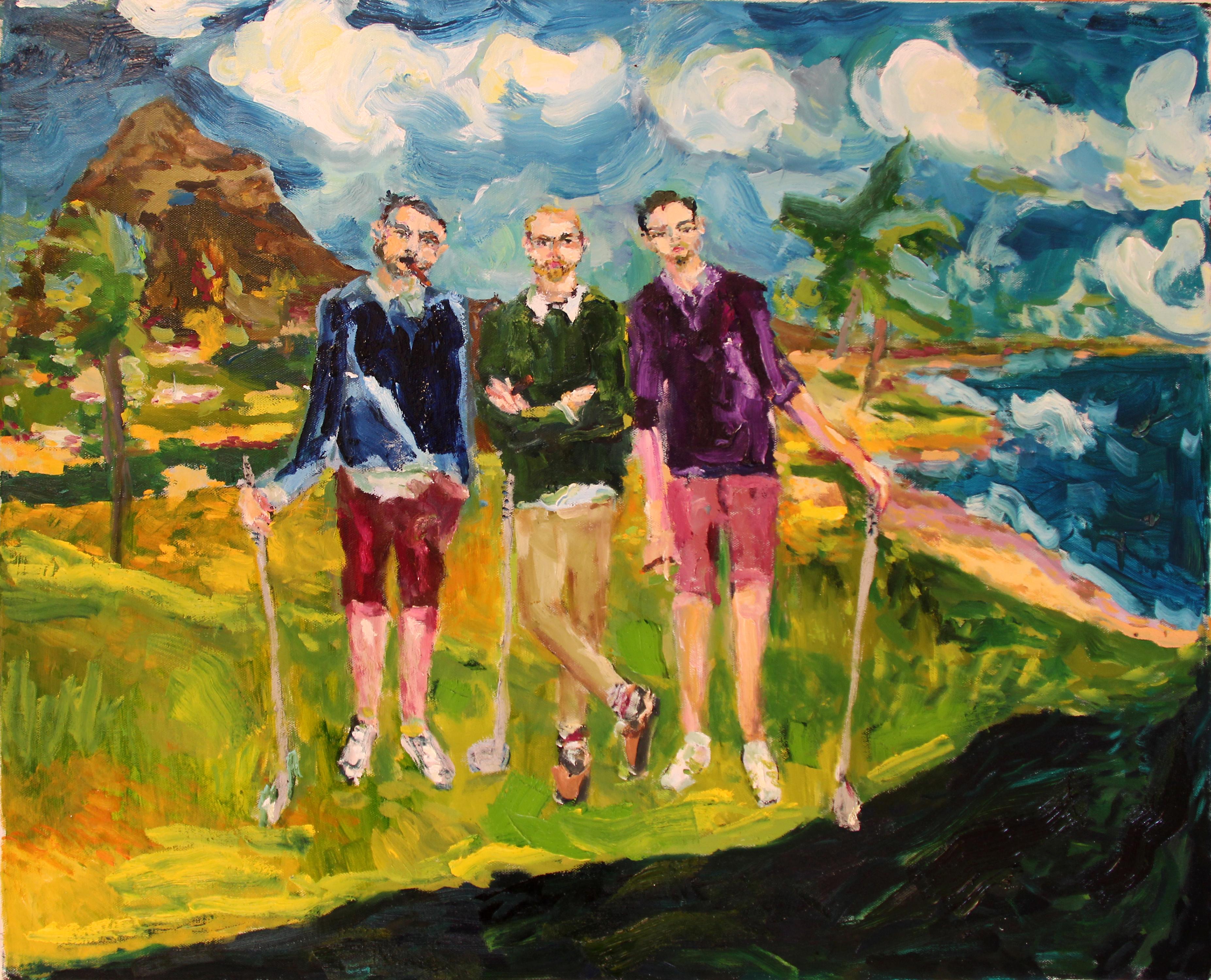 Bradley Wood Figurative Painting - In the Rough, figurative oil painting of three men playing golf outdoors