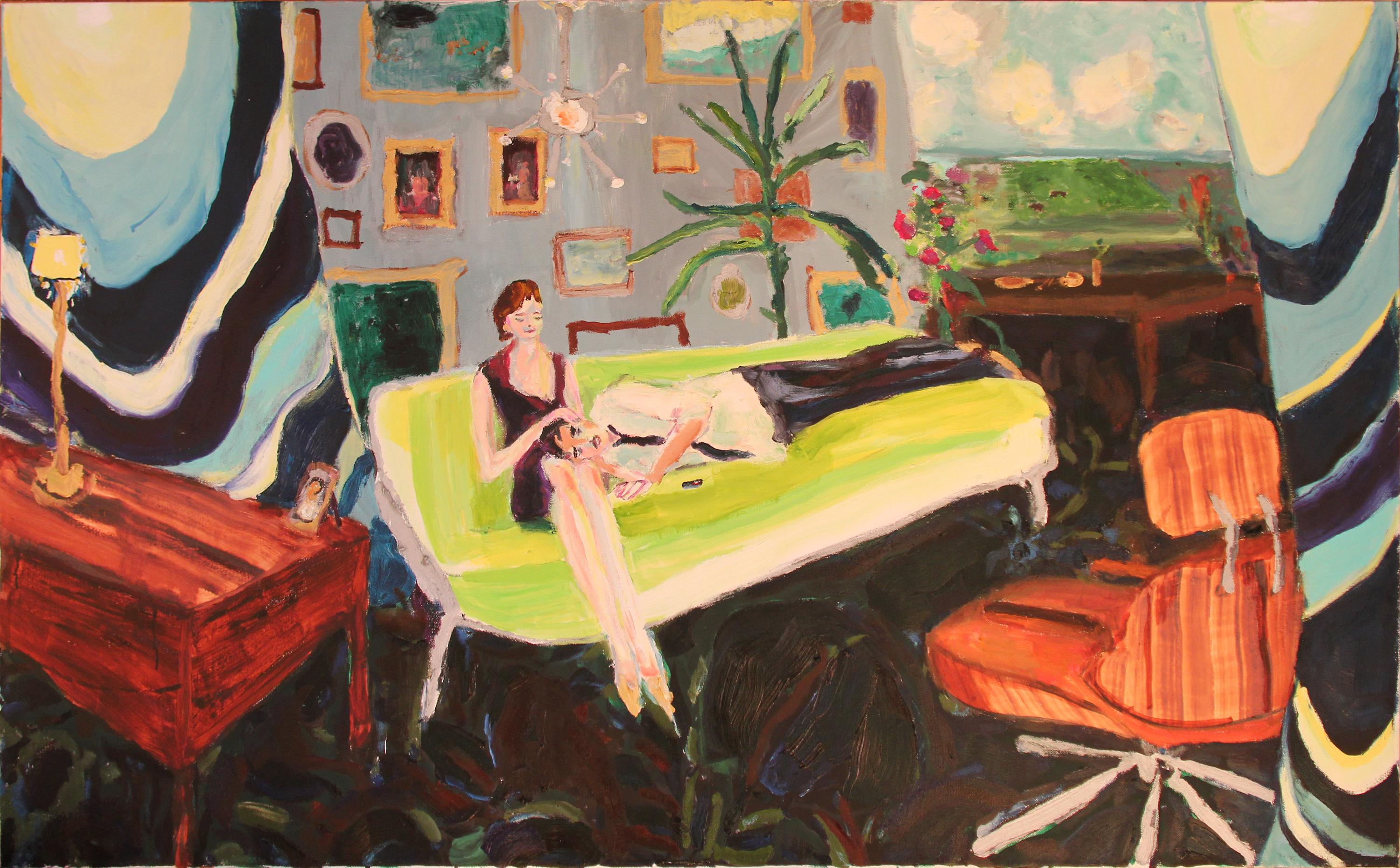 Bradley Wood Interior Painting - Next Strategy, figurative oil painting of couple on green couch