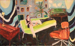 Next Strategy, figurative oil painting of couple on green couch