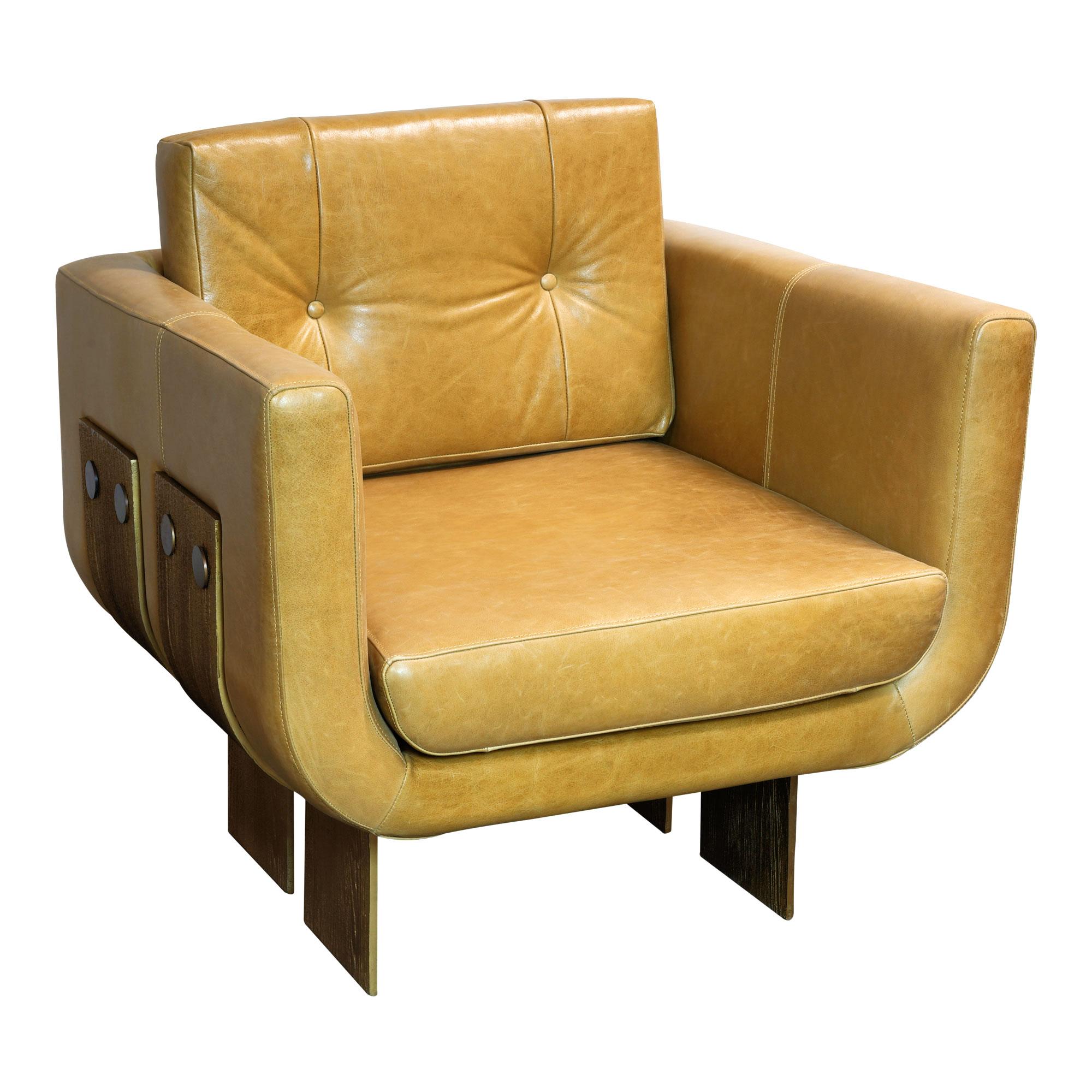 Modern Bradshaw Leather and Stamped Brass Occasional Contemporary Chair
