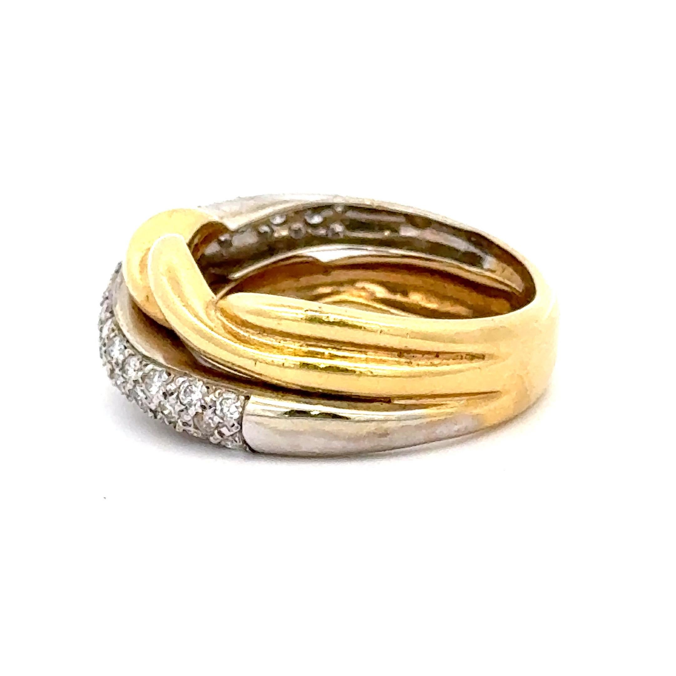 Bague à motif tressé en or jaune 18 carats, ornée de 43 brillants ronds pesant 0,85 carats. 
7.5 taille 
8.7 grammes 
Peut être redimensionné