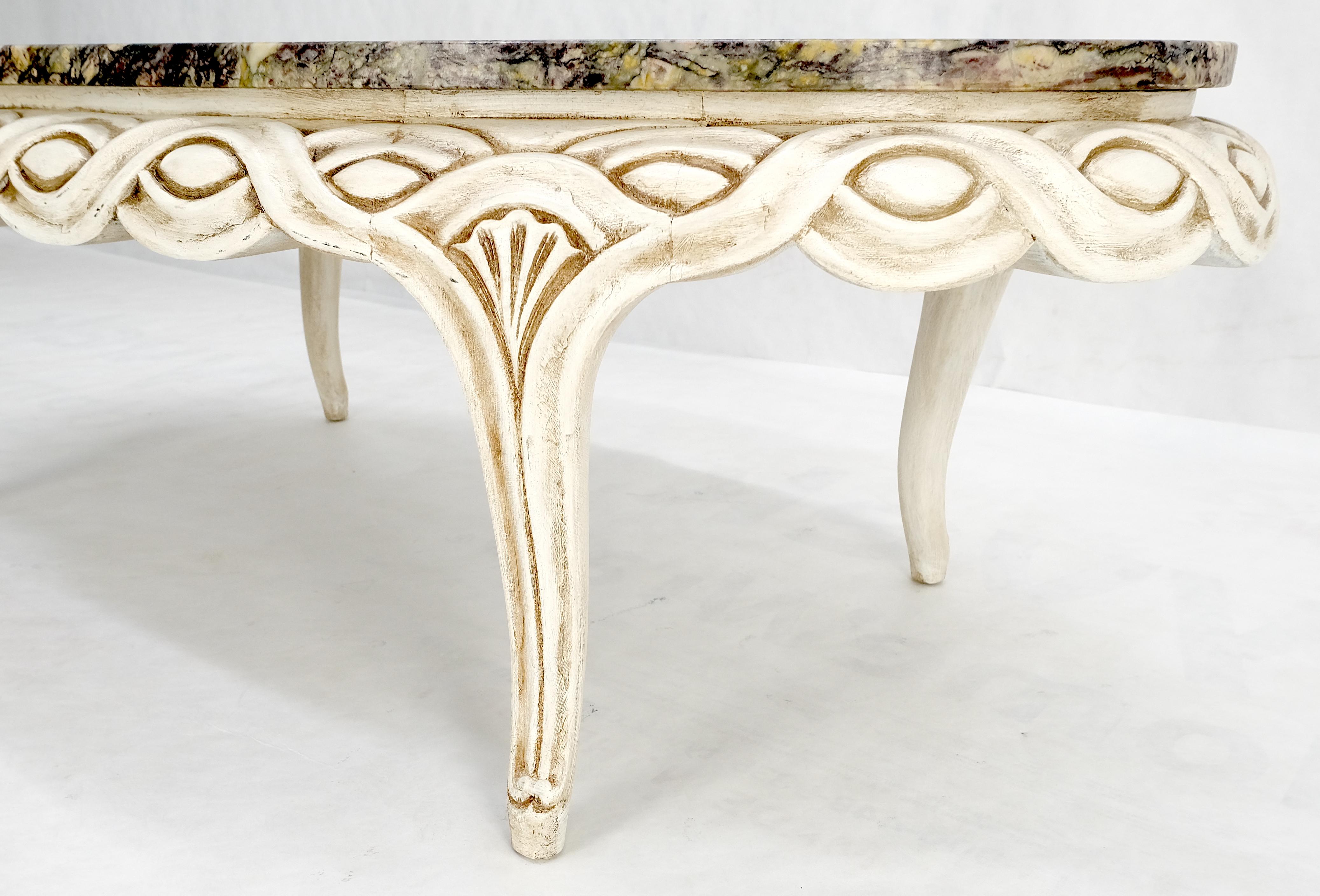 American Braided Bezel Oval Marble Top White Pickle Finish French Provincial Coffee Table For Sale