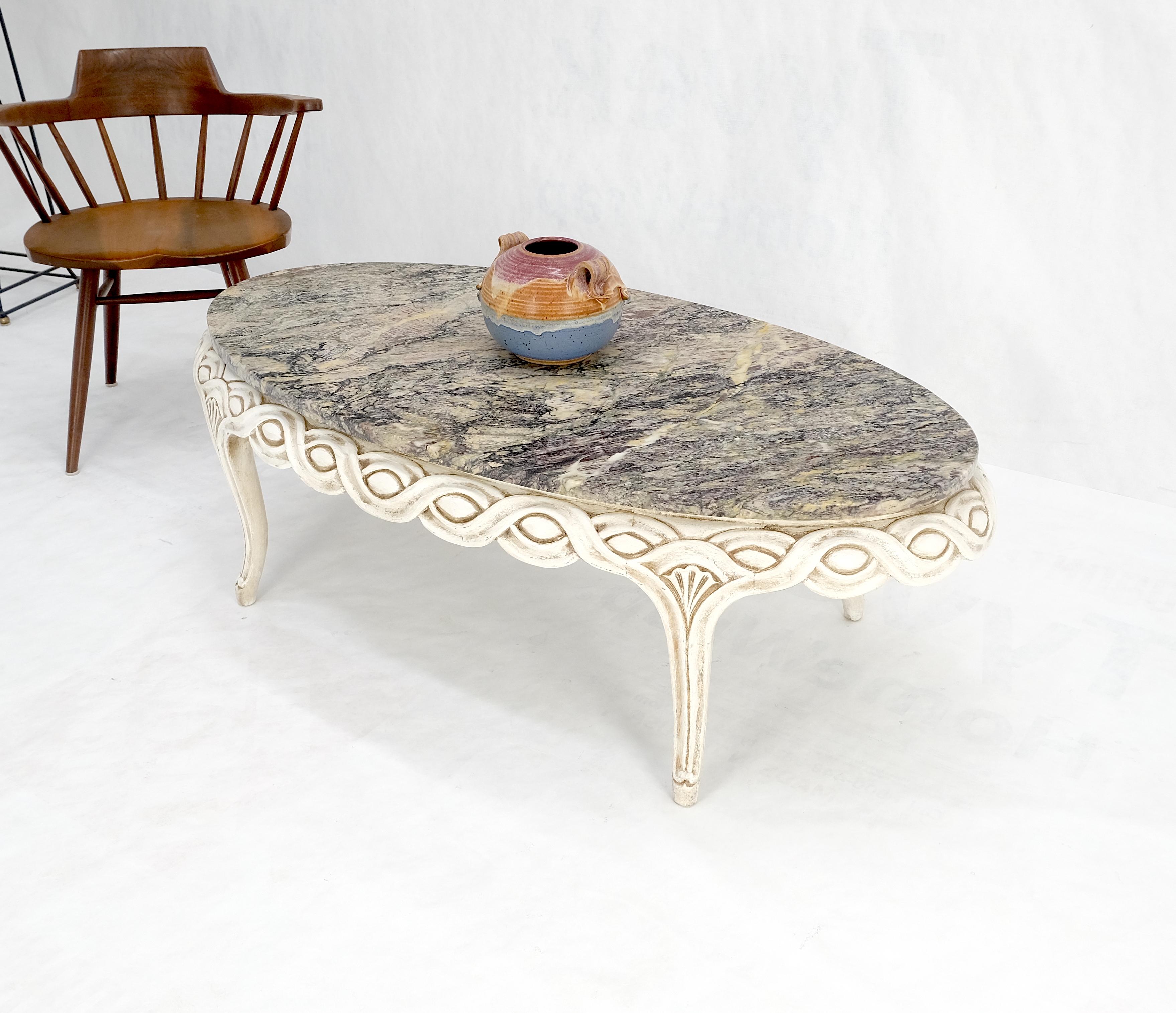 Oak Braided Bezel Oval Marble Top White Pickle Finish French Provincial Coffee Table For Sale