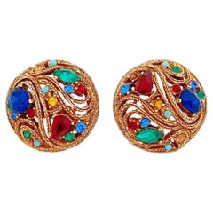 Vintage Braided Filigree Jewel Tone Rhinestone Dome Earrings By La Roca, 1950s