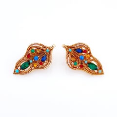 Braided Filigree Jewel Tone Rhinestone Leaf Earrings By La Roca, 1950s