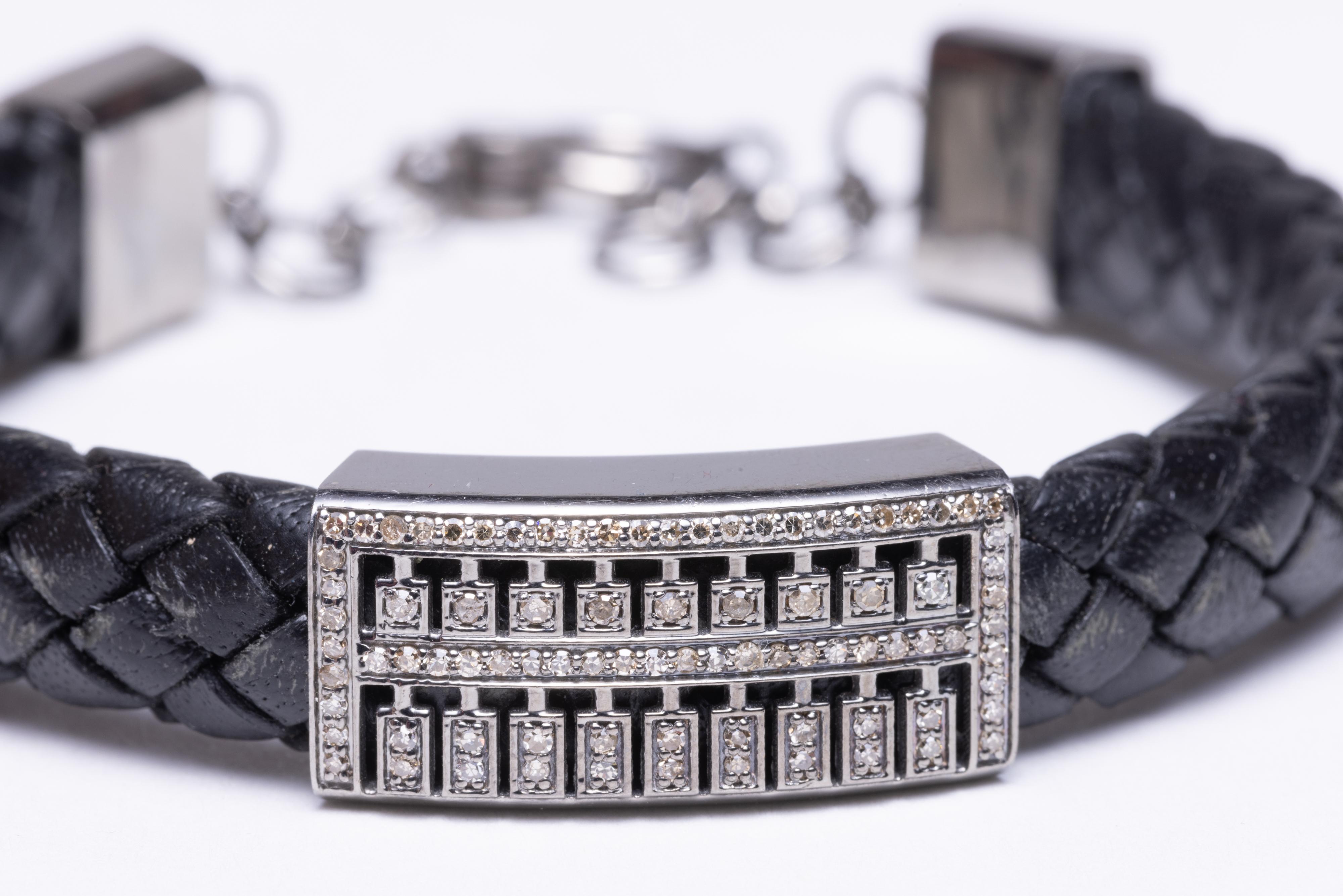 Round Cut Braided Leather and Diamond Bracelet For Sale