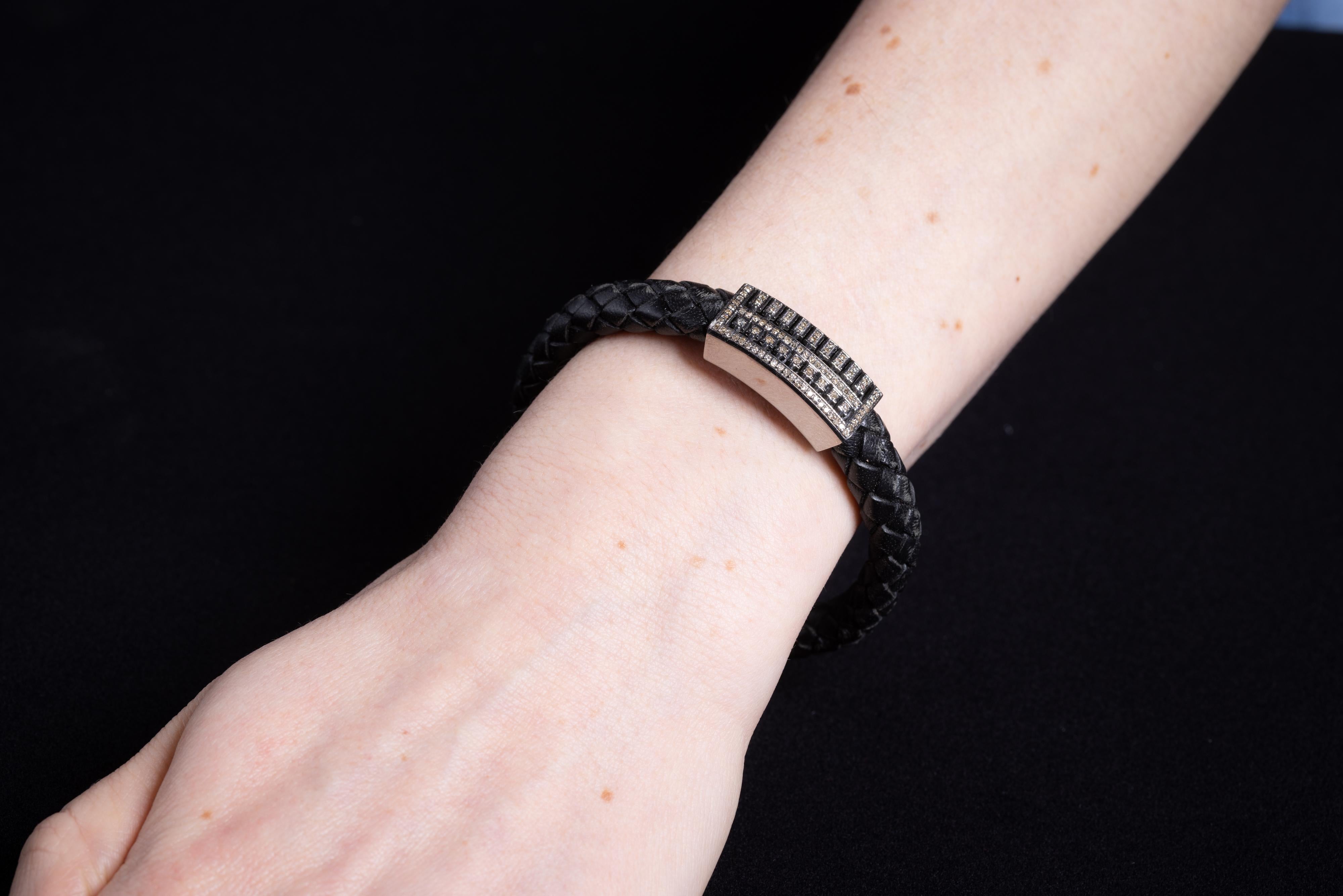 Round Cut Braided Leather and Diamond Bracelet For Sale