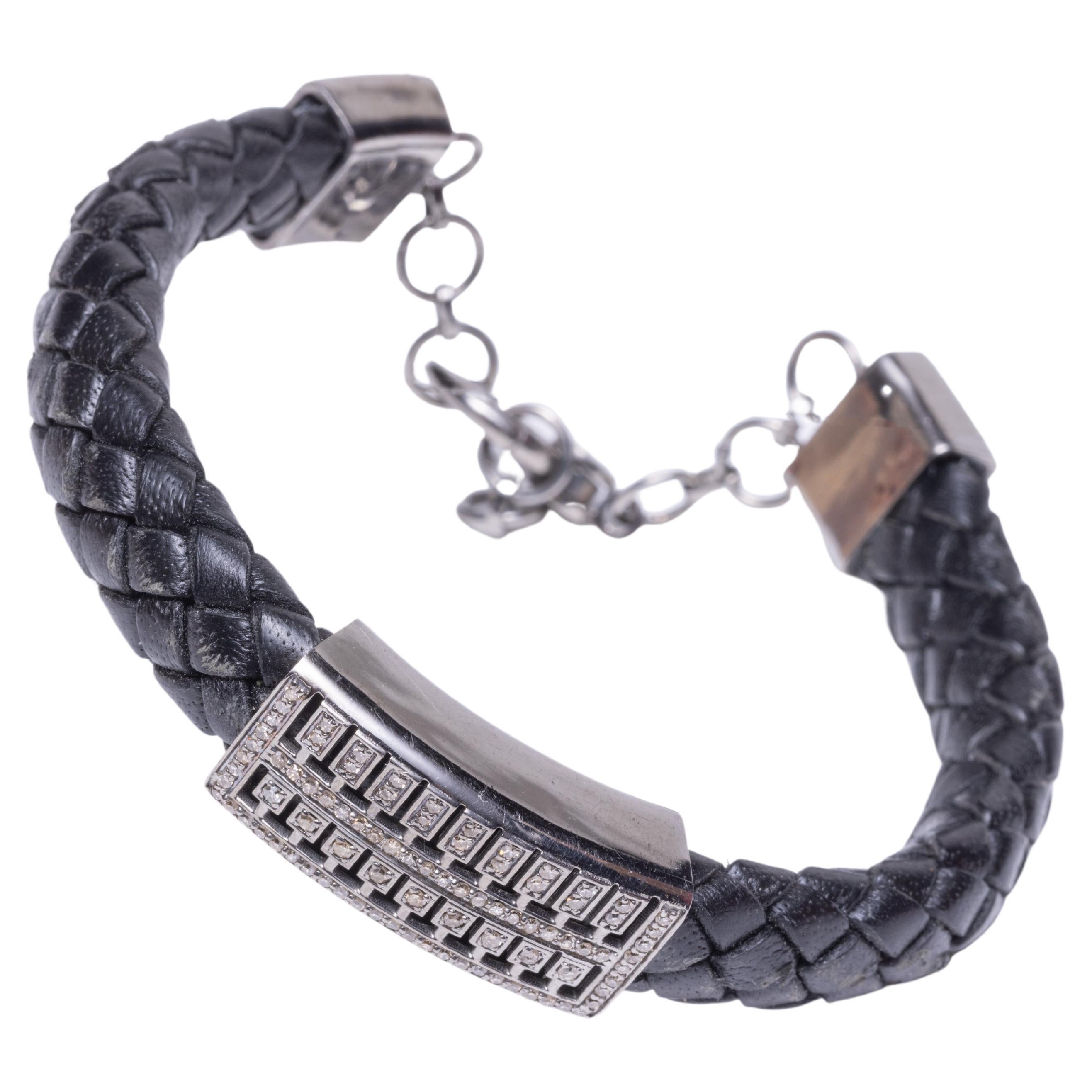 Braided Leather and Diamond Bracelet For Sale