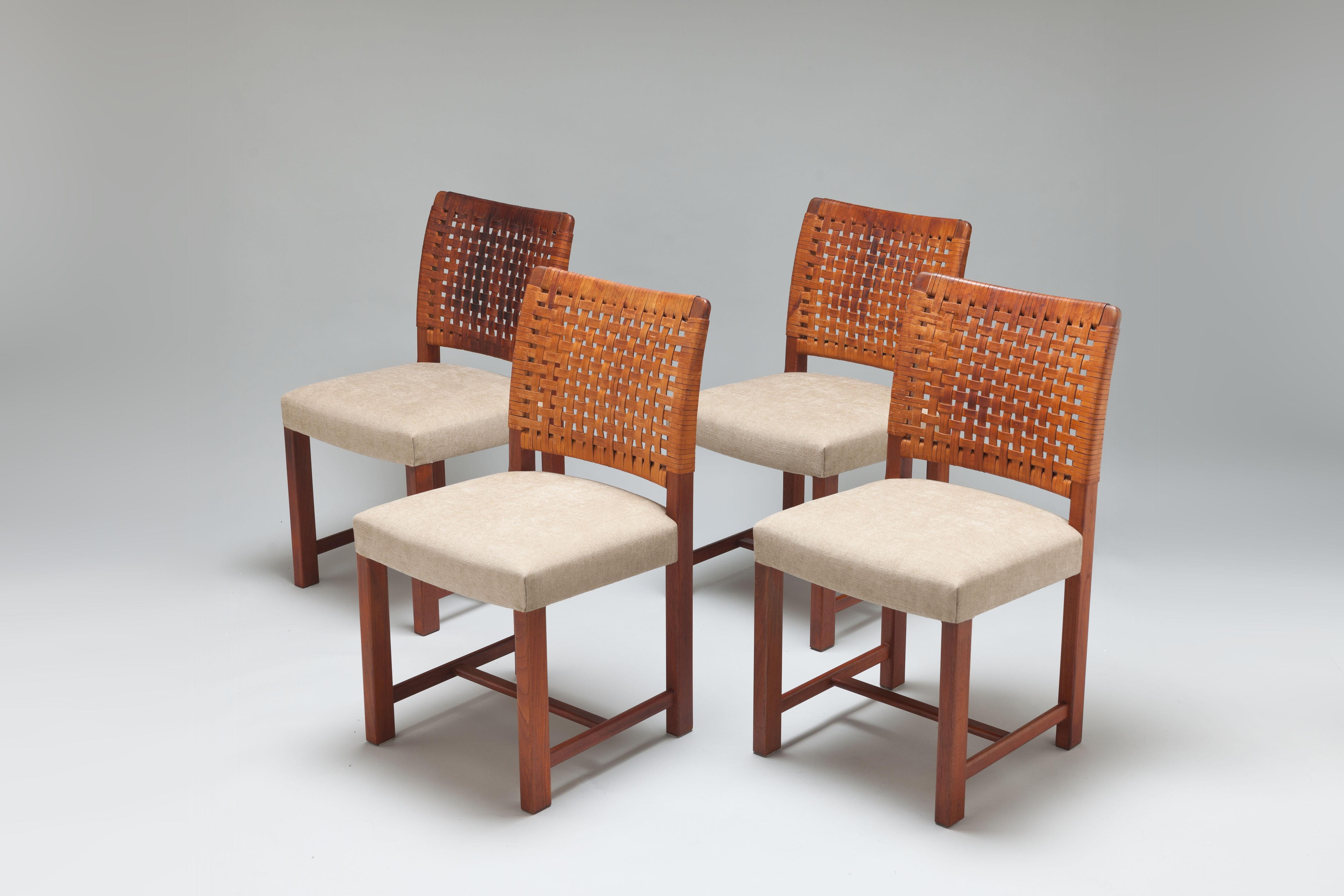 Finnish Braided Leather & Teak 'Näyttely' Chairs by Carl Gustaf Hiort Af Ornäs For Sale