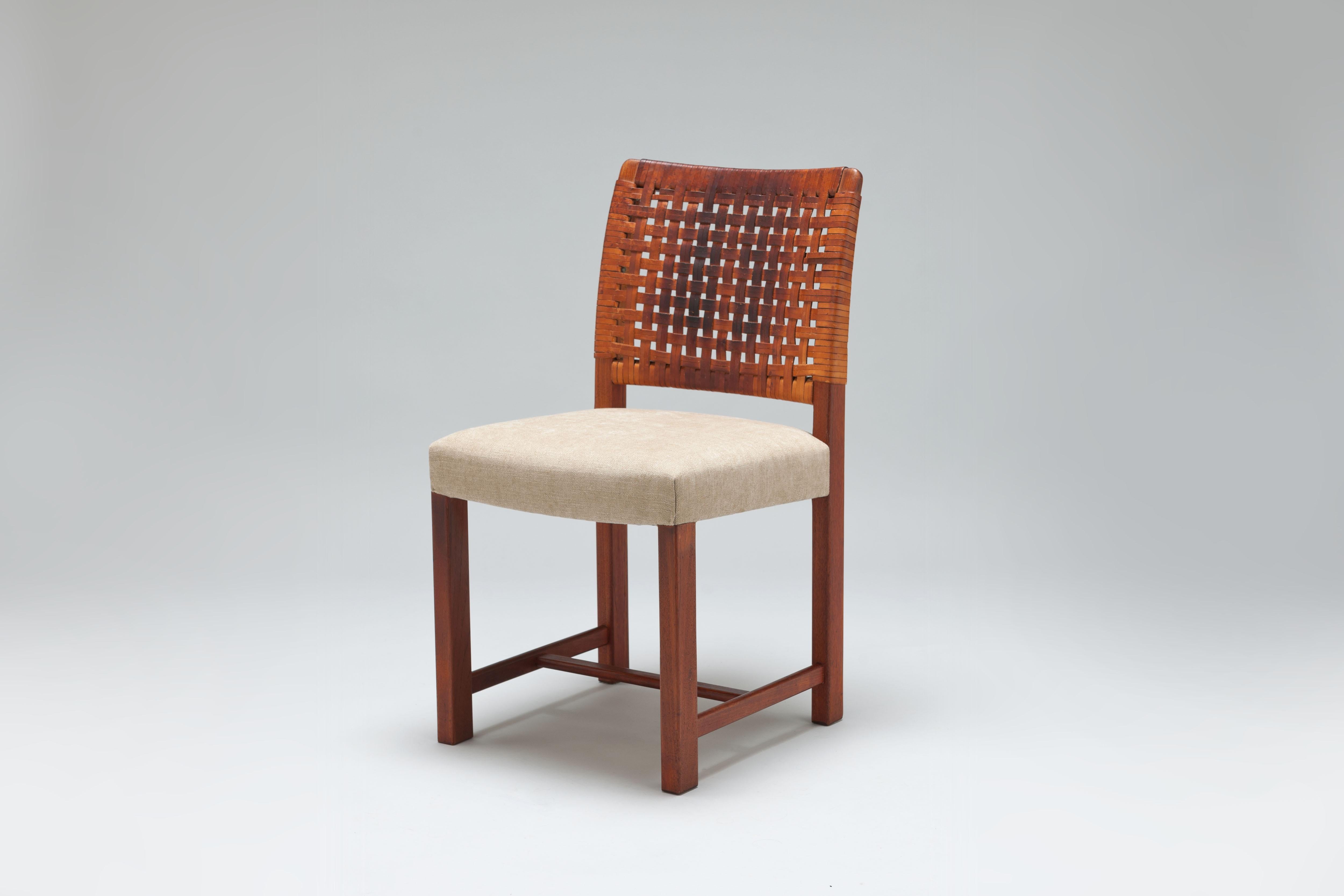 Fabric Braided Leather & Teak 'Näyttely' Chairs by Carl Gustaf Hiort Af Ornäs For Sale