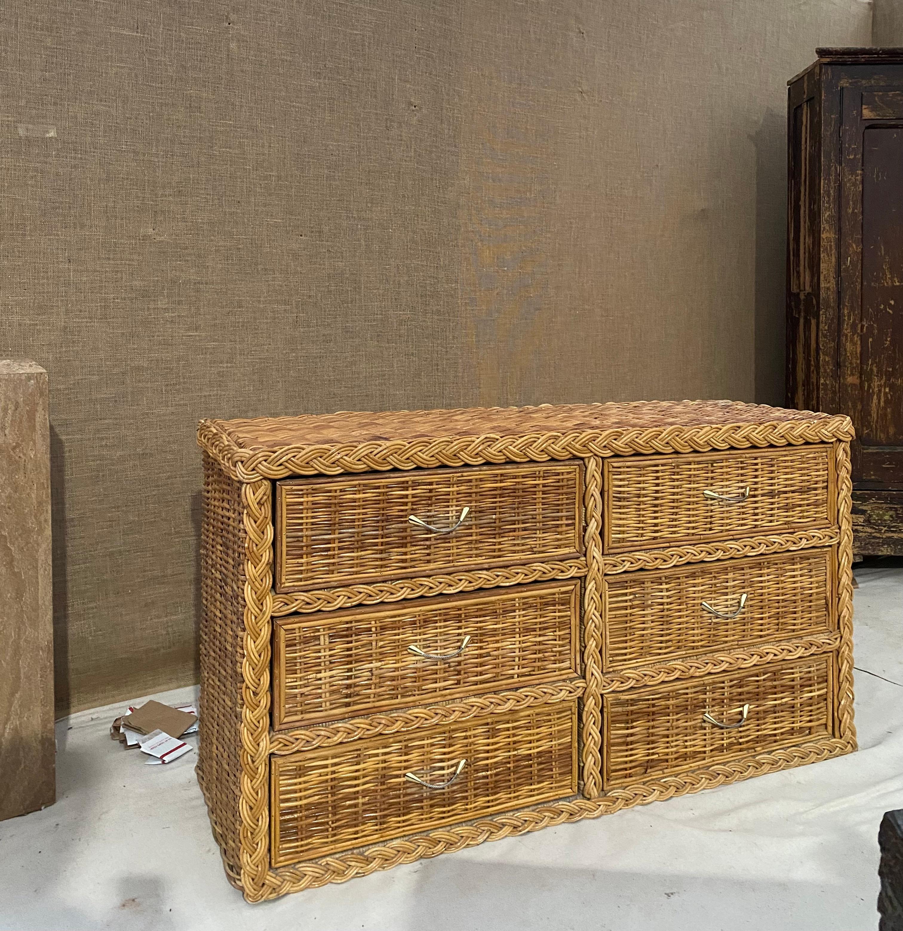 Campaign Braided Rattan 6 Drawer Dresser (After Bielecky Brothers) For Sale