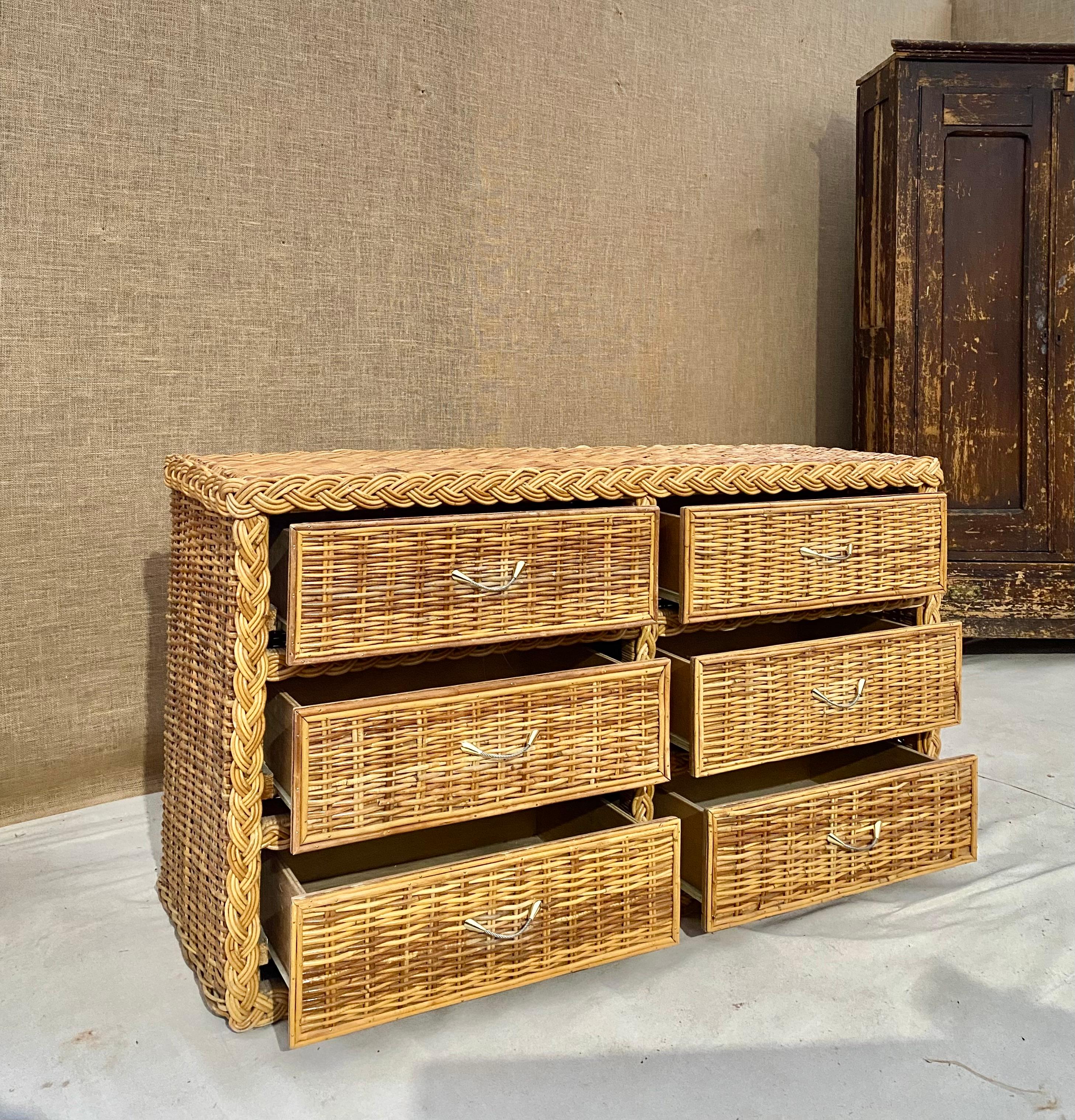Woven Braided Rattan 6 Drawer Dresser (After Bielecky Brothers) For Sale
