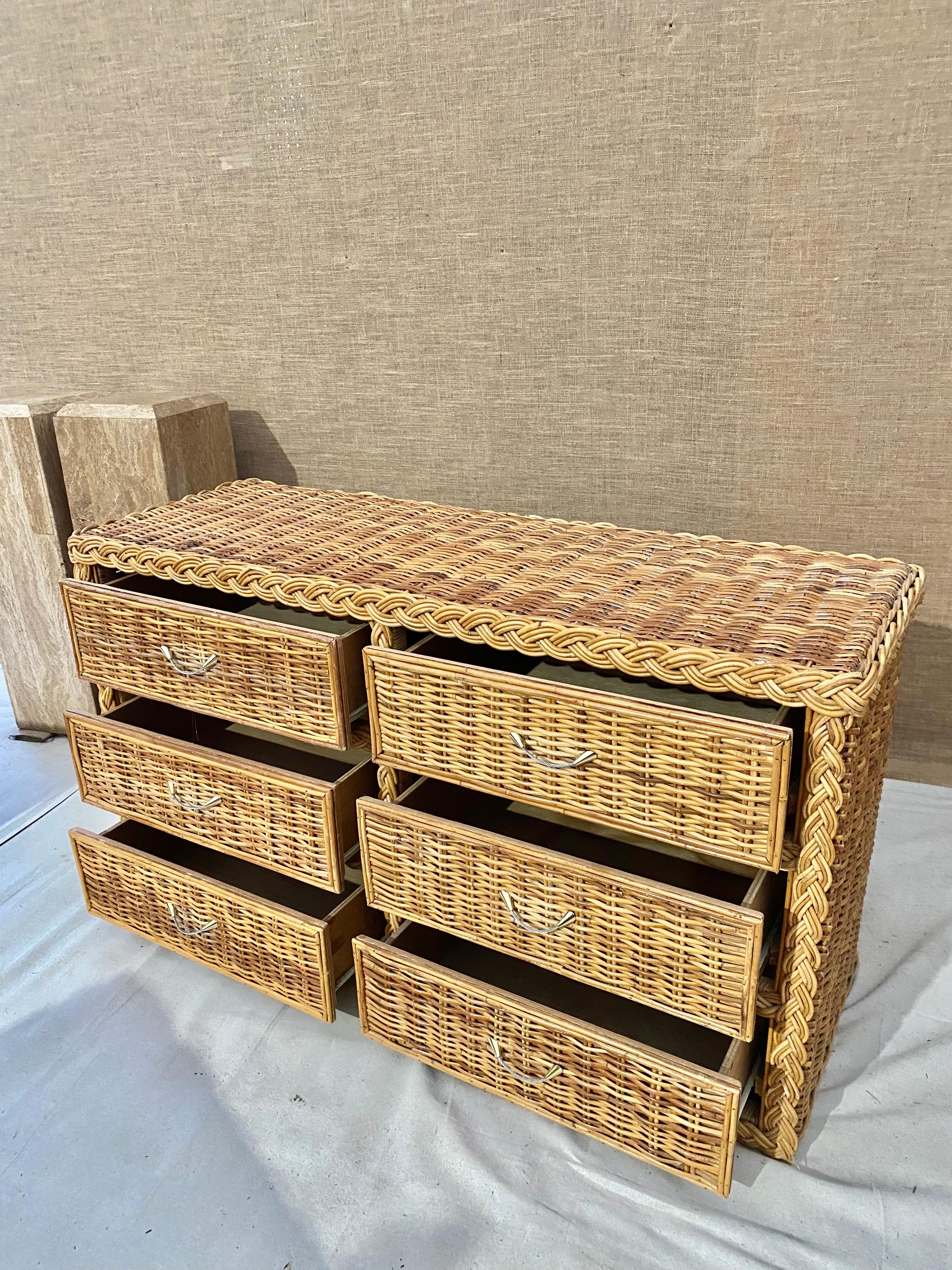 Braided Rattan 6 Drawer Dresser (After Bielecky Brothers) In Good Condition For Sale In Fort Collins, CO