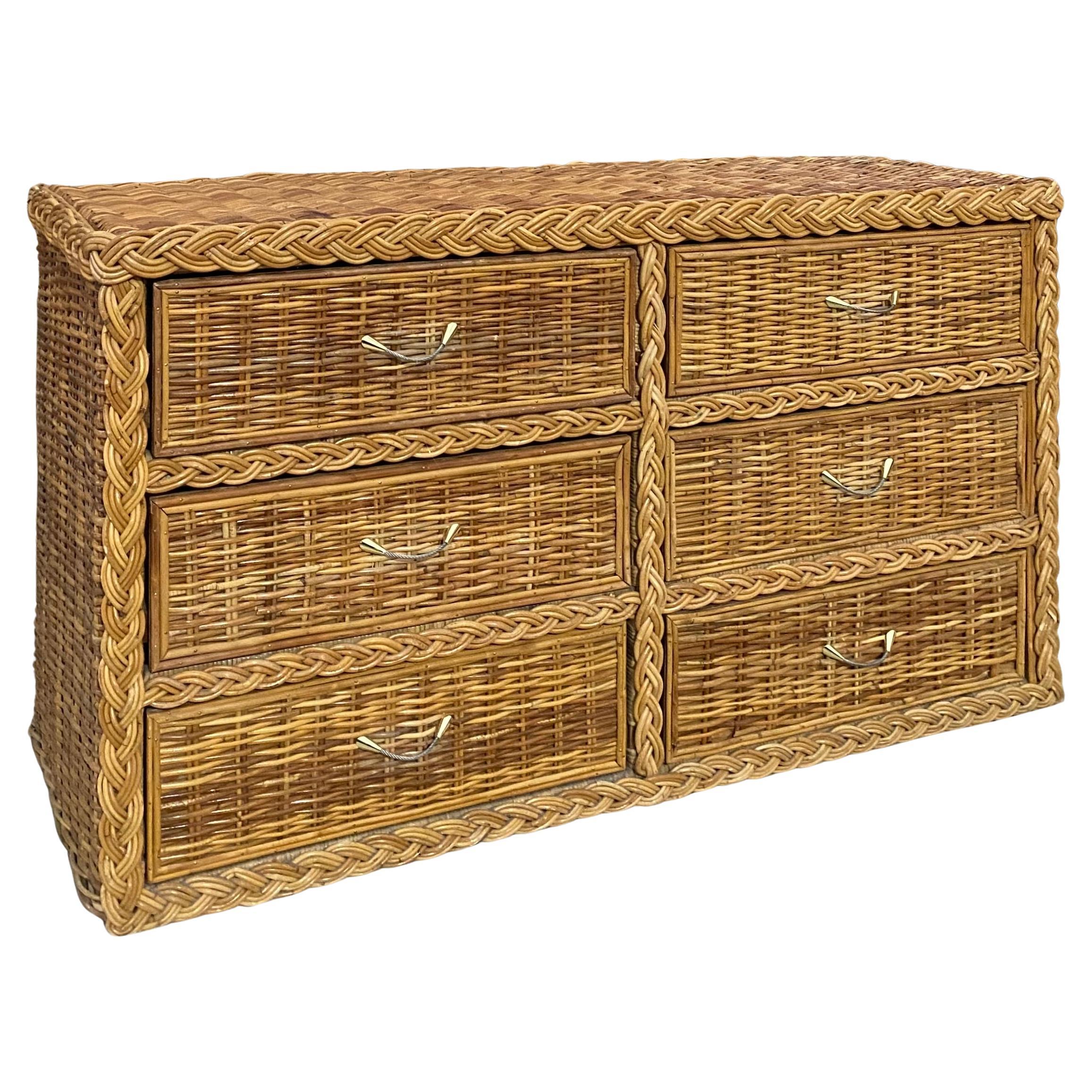 Braided Rattan 6 Drawer Dresser (After Bielecky Brothers) For Sale