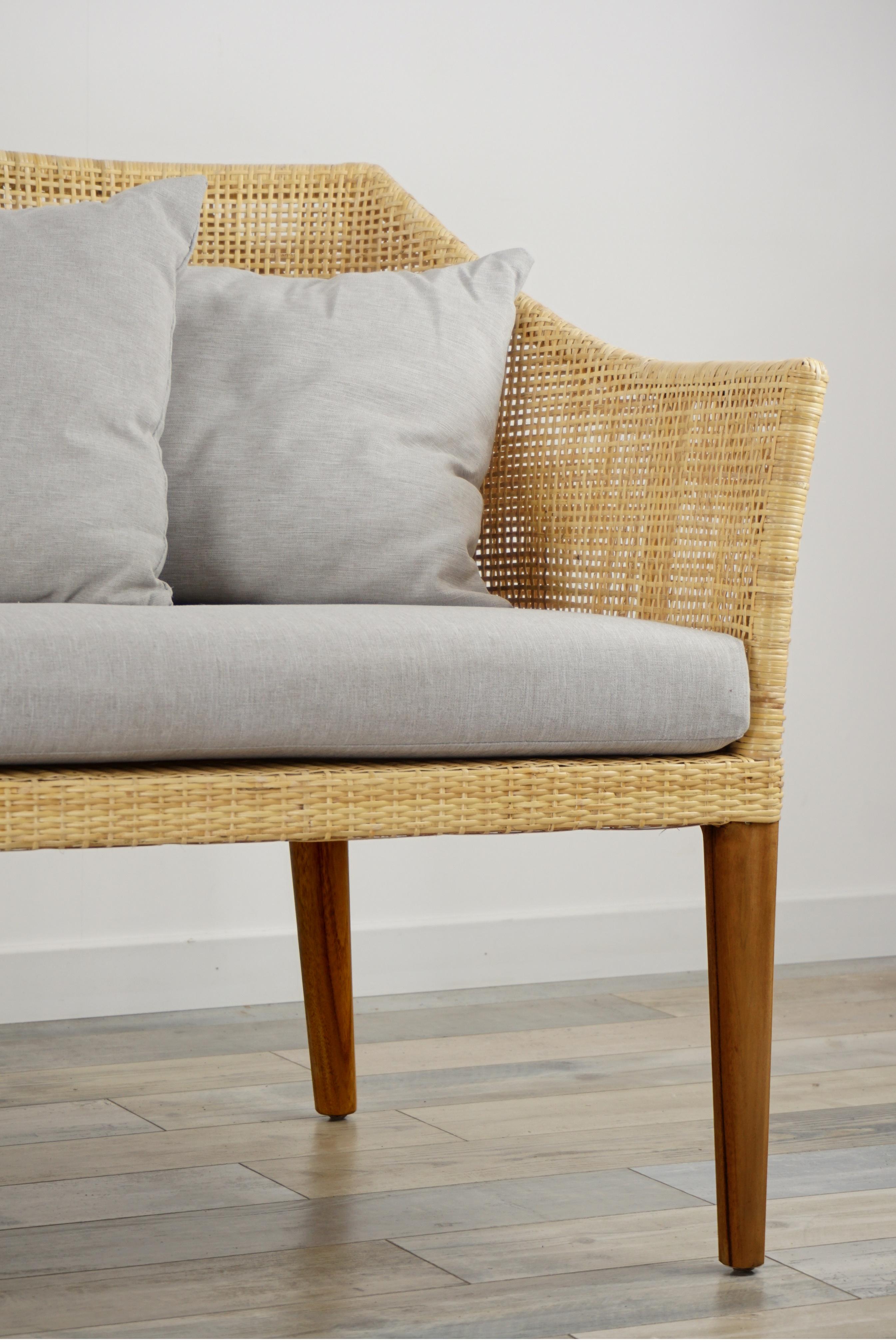 Scandinavian Modern Braided Rattan and Teak Wooden Sofa For Sale
