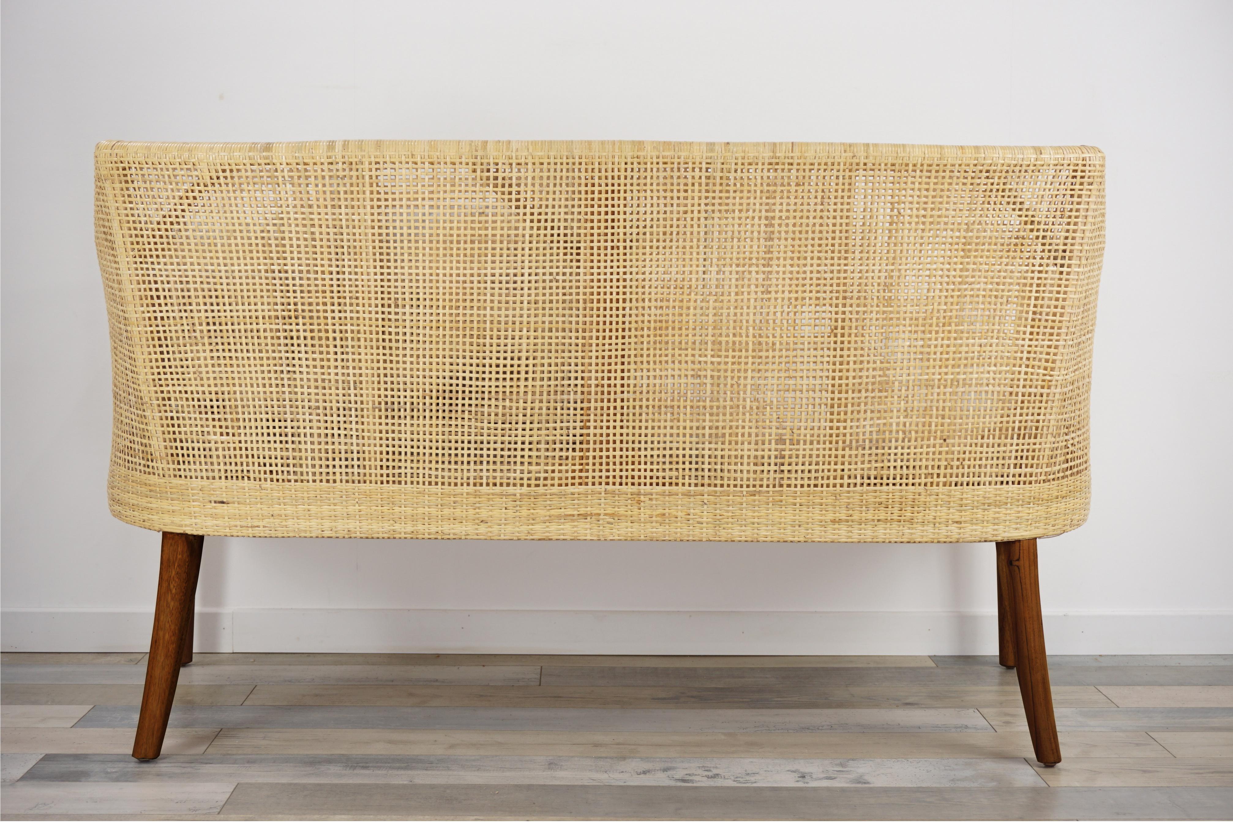Contemporary Braided Rattan and Teak Wooden Sofa For Sale