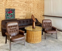 Mid-Century Modern Braided Rattan Round Drum Side Table, 1980s