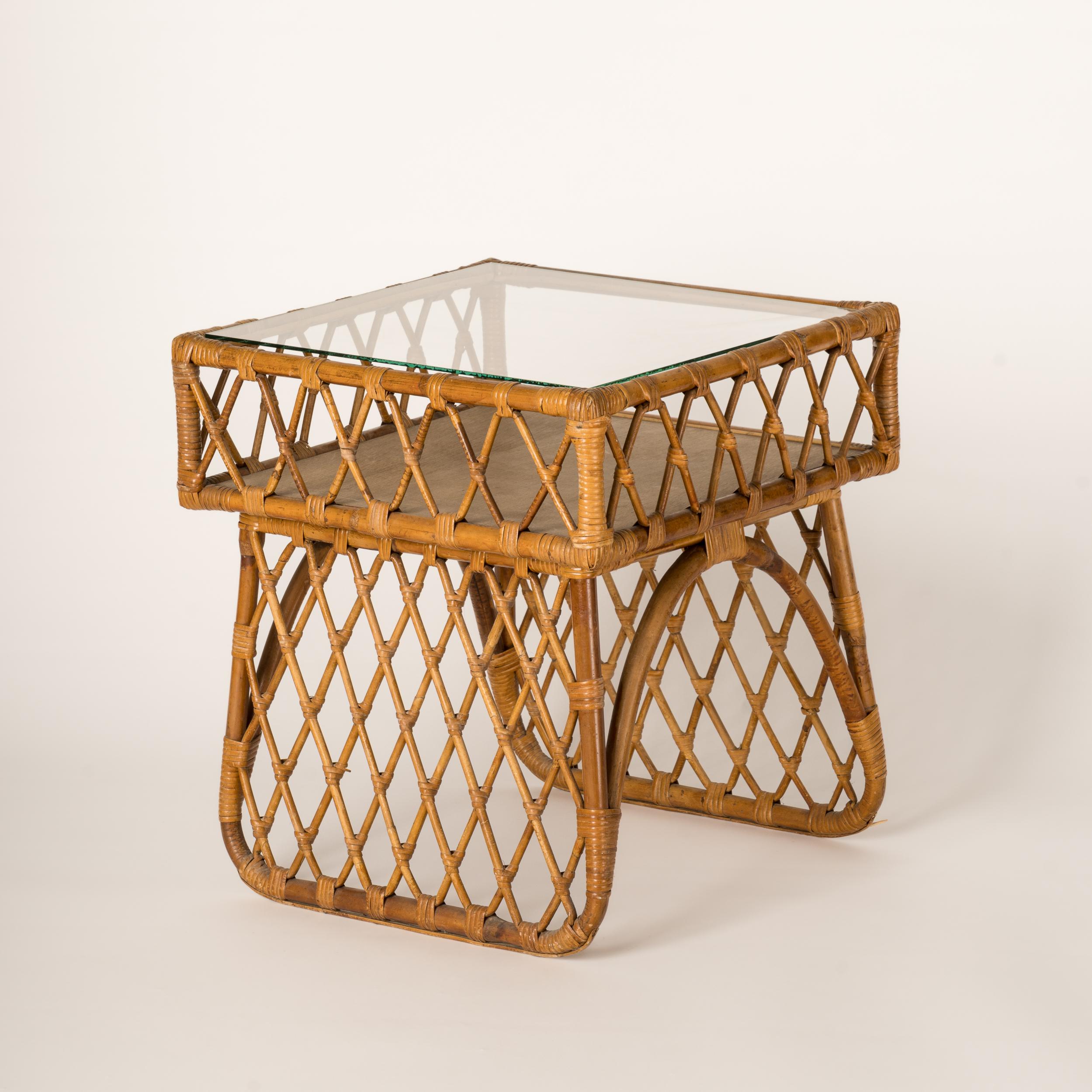 Mid-20th Century Braided Rattan Side Table Attributed to Louis Sognot, France 1950's