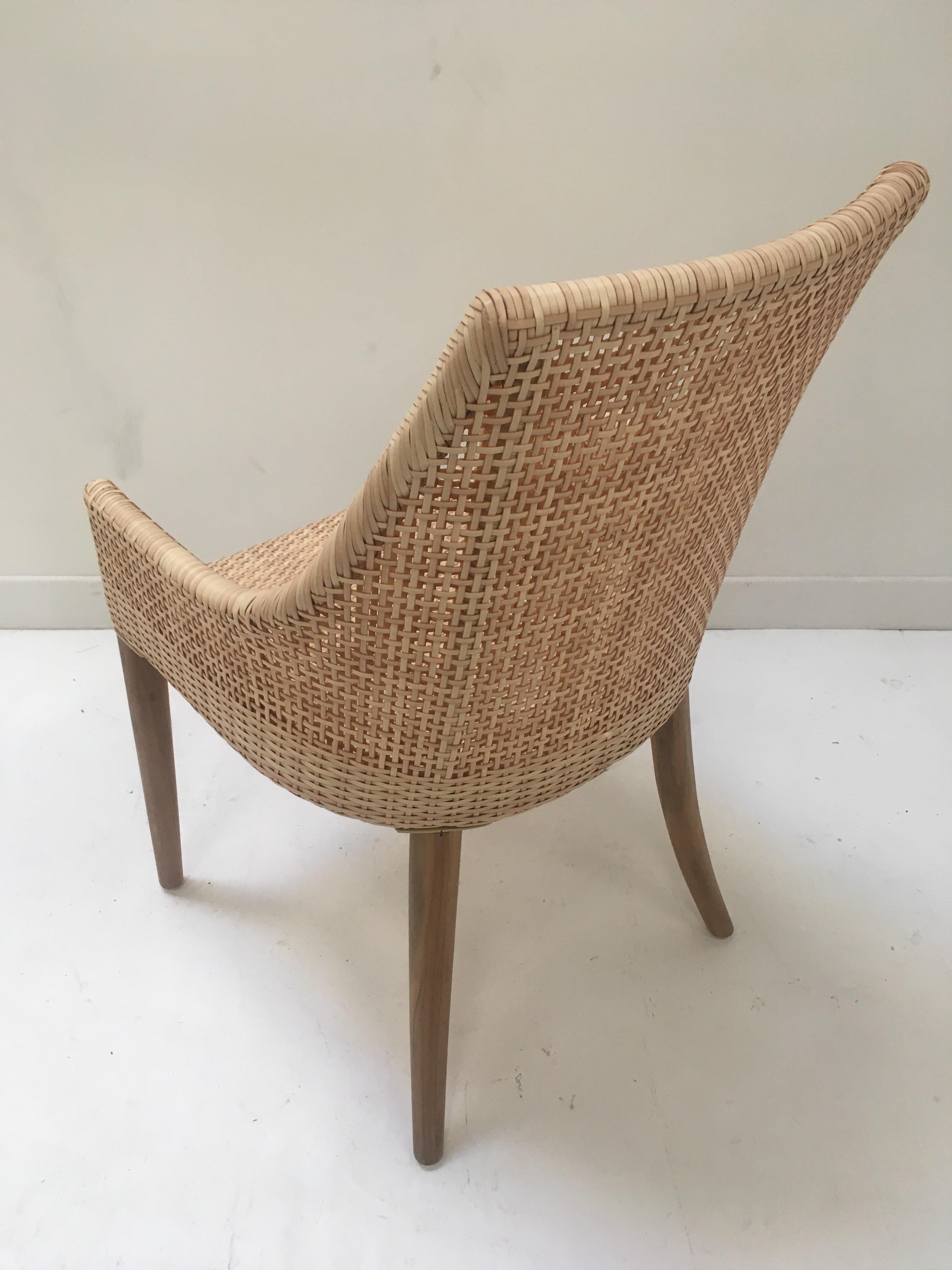 Mid-Century Modern Braided Resin Rattan Effect and Teak Wooden Set of Six Outdoor Armchairs For Sale
