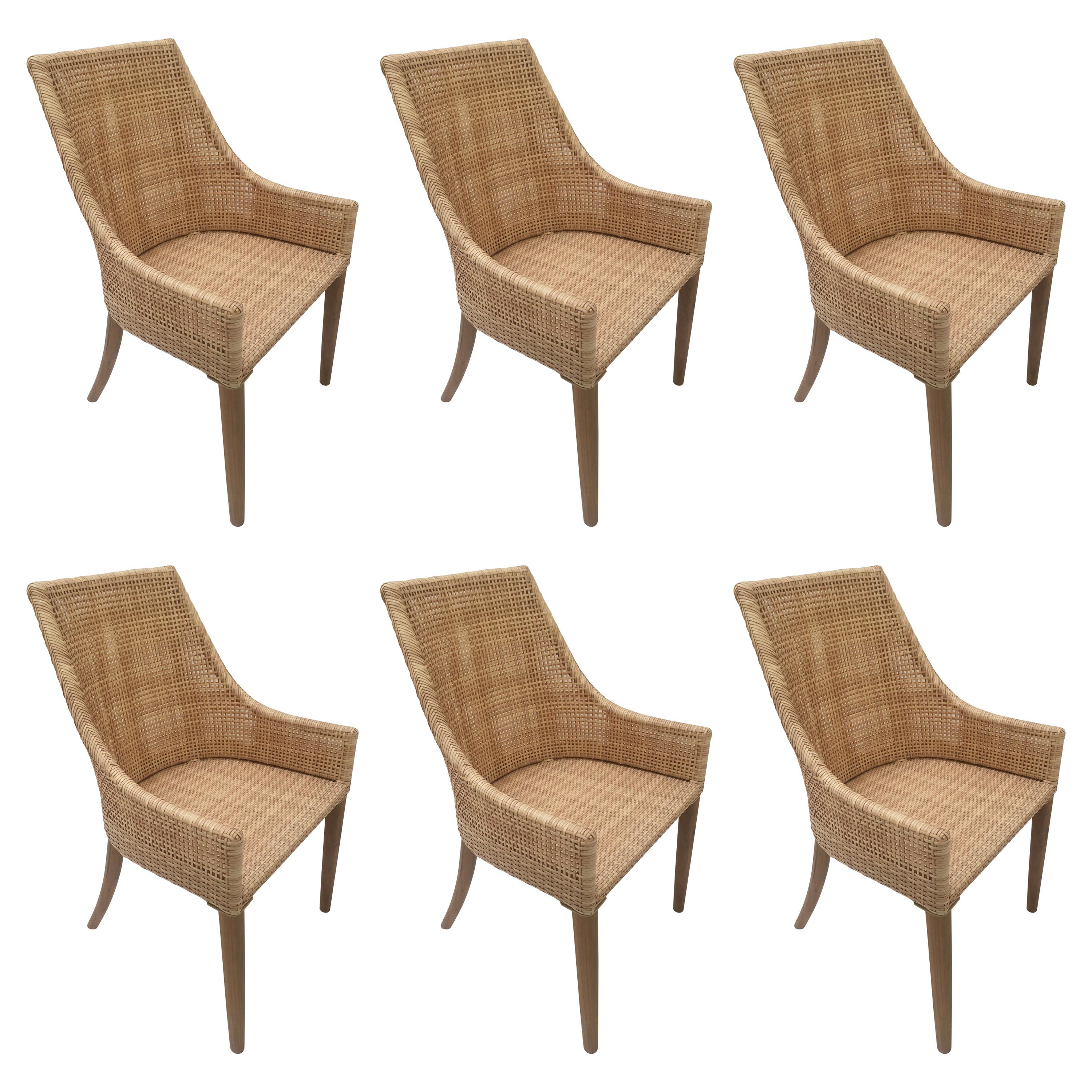 Braided Resin Rattan Effect and Teak Wooden Set of Six Outdoor Armchairs