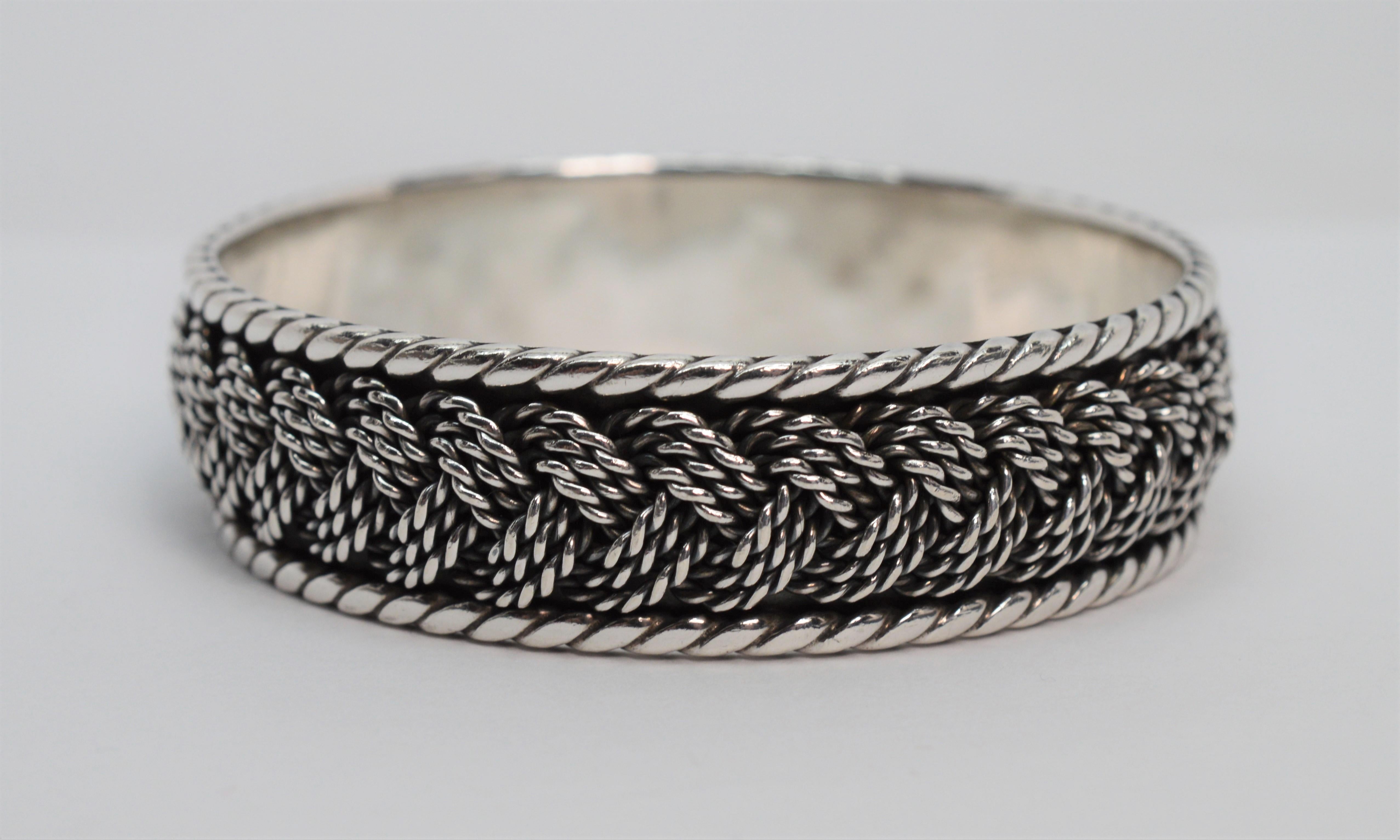 Braided Rope Twist Sterling Silver Bangle Bracelet In Excellent Condition For Sale In Mount Kisco, NY