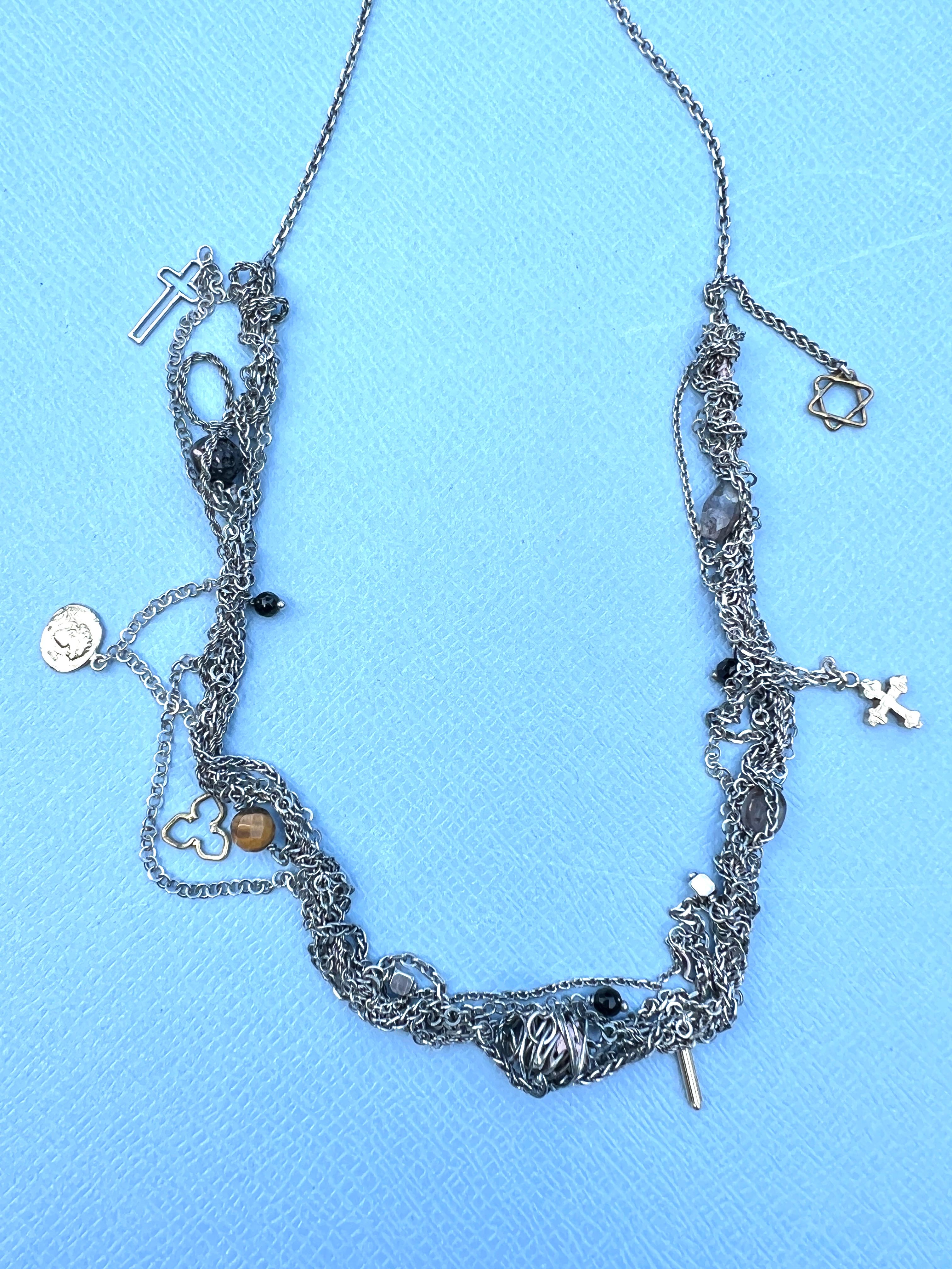 Collana a catena d'argento intrecciata Spinello Occhio di tigre Labradorite Croce di David in vendita 2