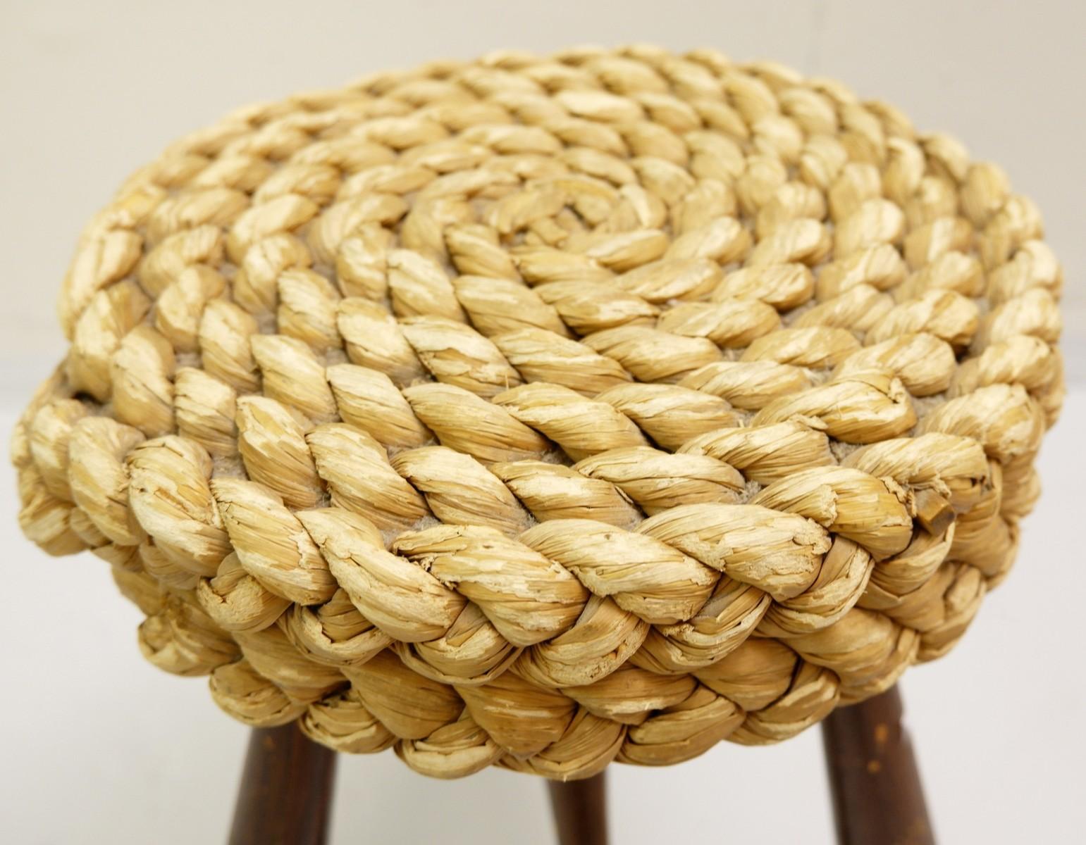 Mid-Century Modern Braided Stool by Adrien Audoux & Frida Minet, France, 1950s