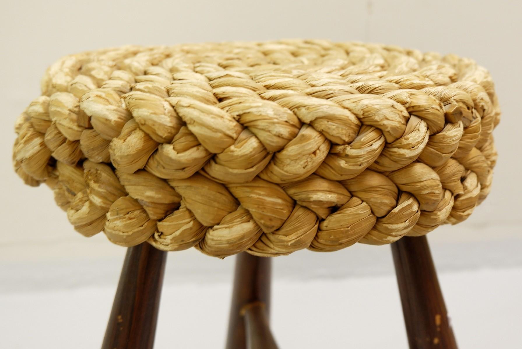 French Braided Stool by Adrien Audoux & Frida Minet, France, 1950s