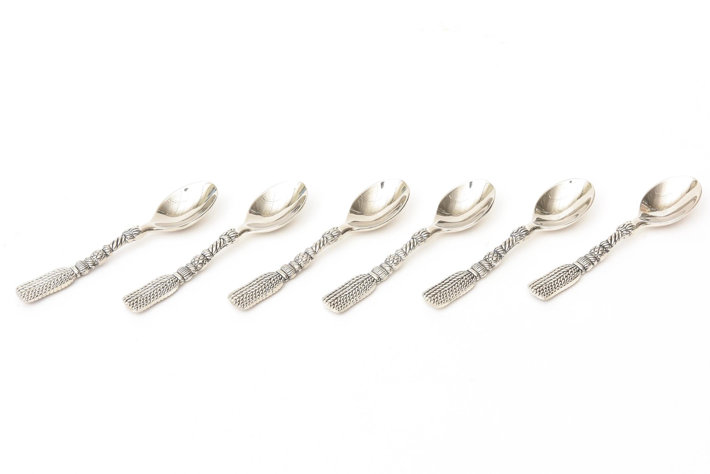 Modern Braided Tasseled Stainless Steel Signed Demitasse Serving Spoons Set of 6