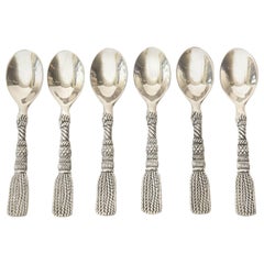 Vintage Braided Tasseled Stainless Steel Signed Demitasse Serving Spoons Set of 6