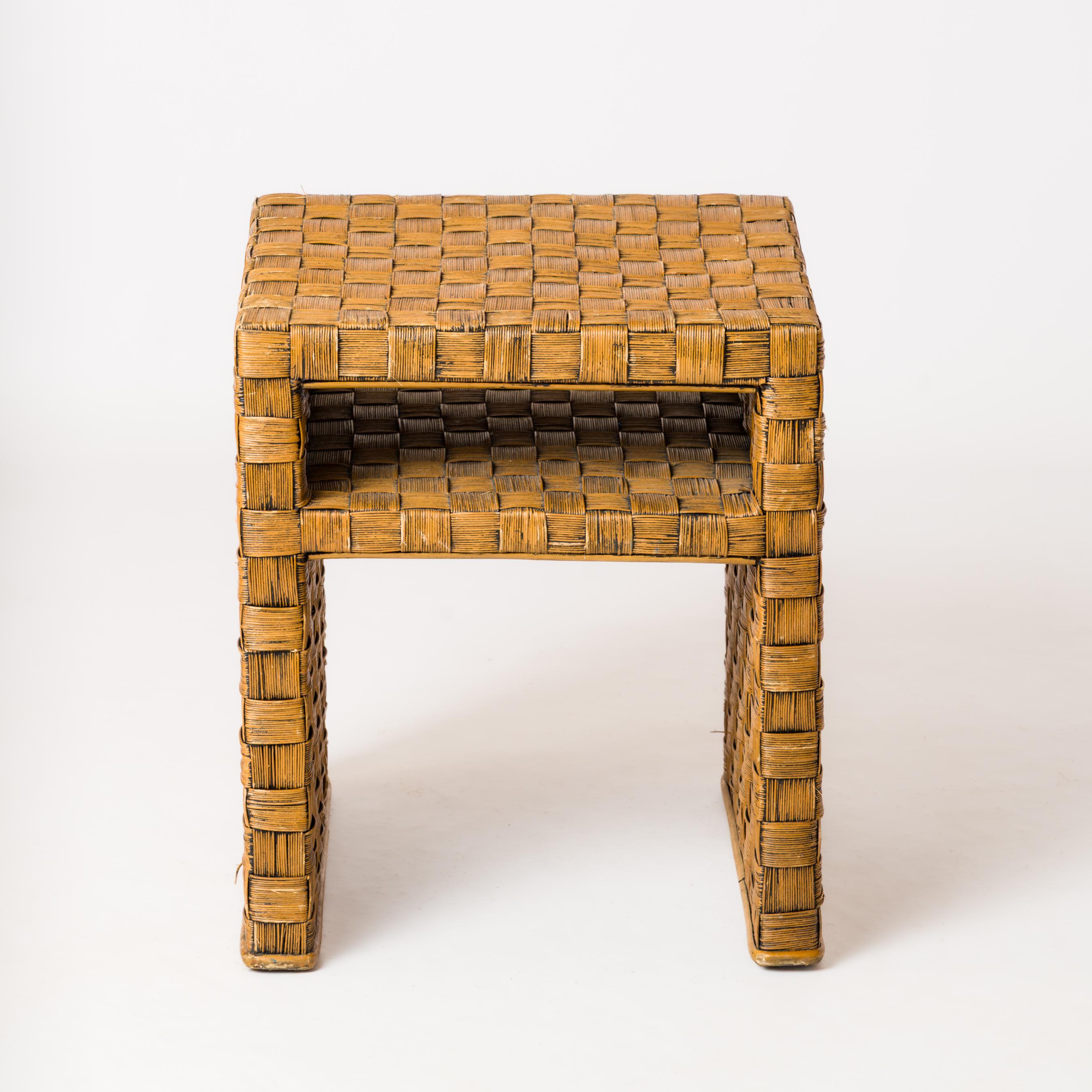 French Braided Wicker Square Side Table in the Style of Audoux Minnet - France 1960s For Sale