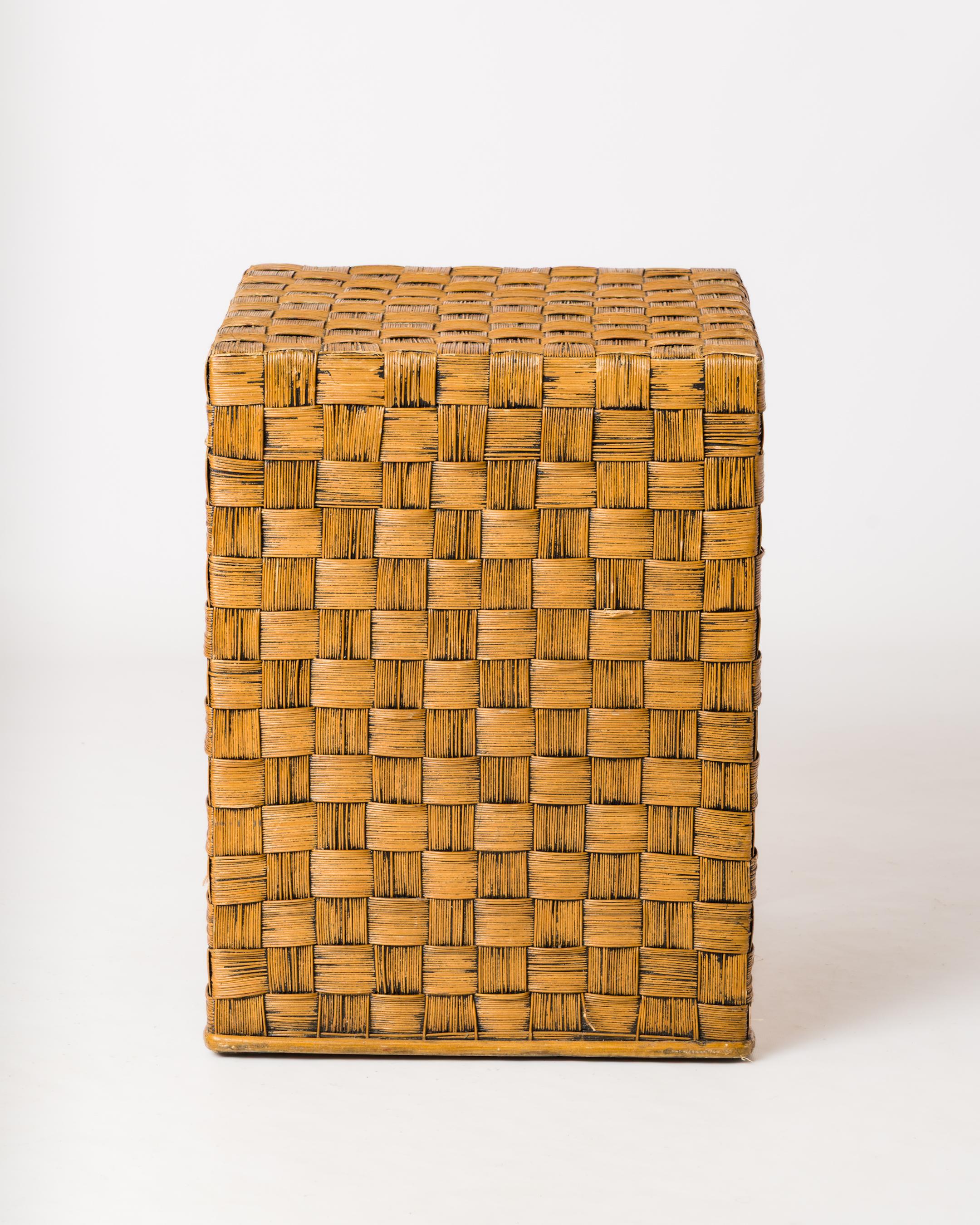 Mid-20th Century Braided Wicker Square Side Table in the Style of Audoux Minnet - France 1960s For Sale
