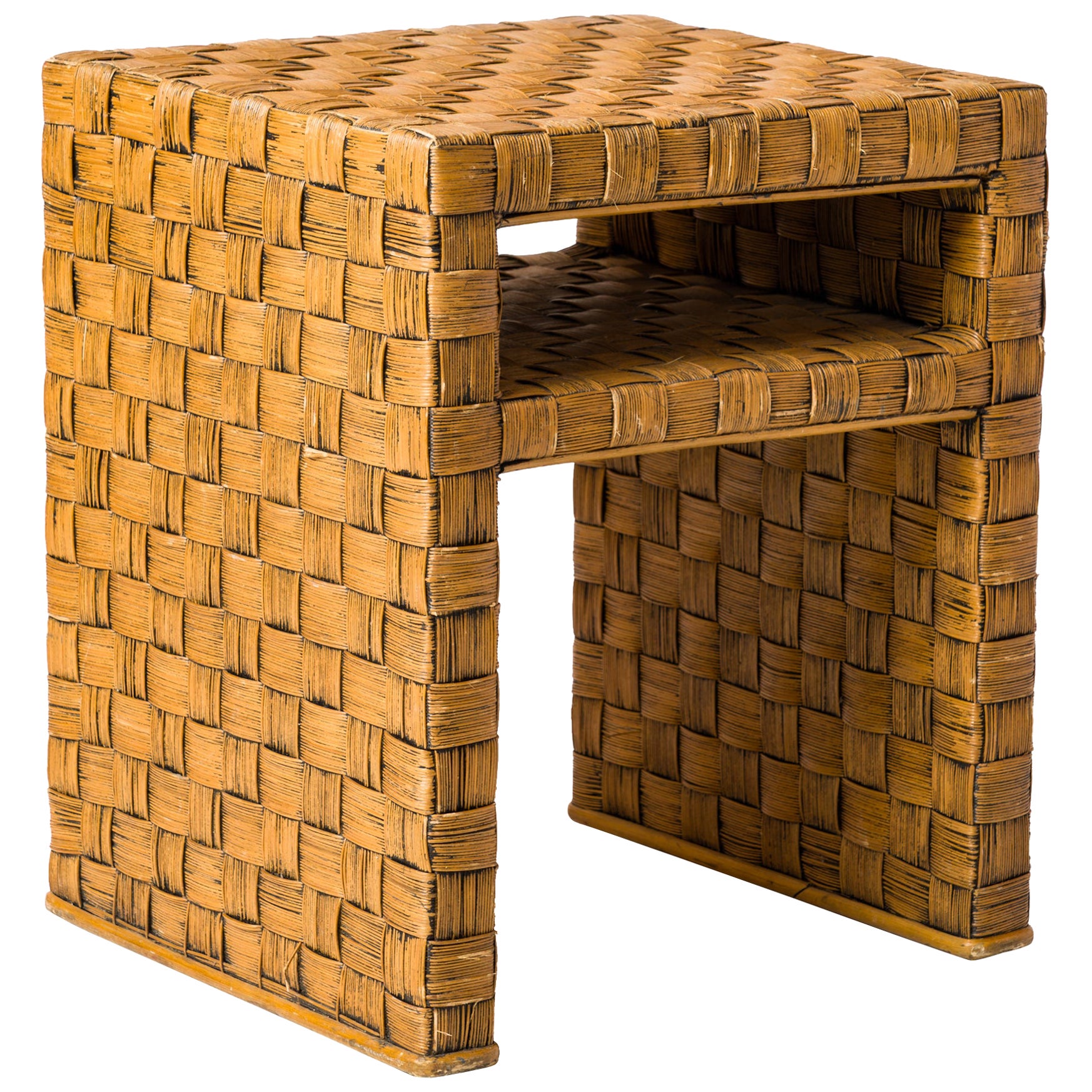 Braided Wicker Square Side Table in the Style of Audoux Minnet - France 1960s For Sale