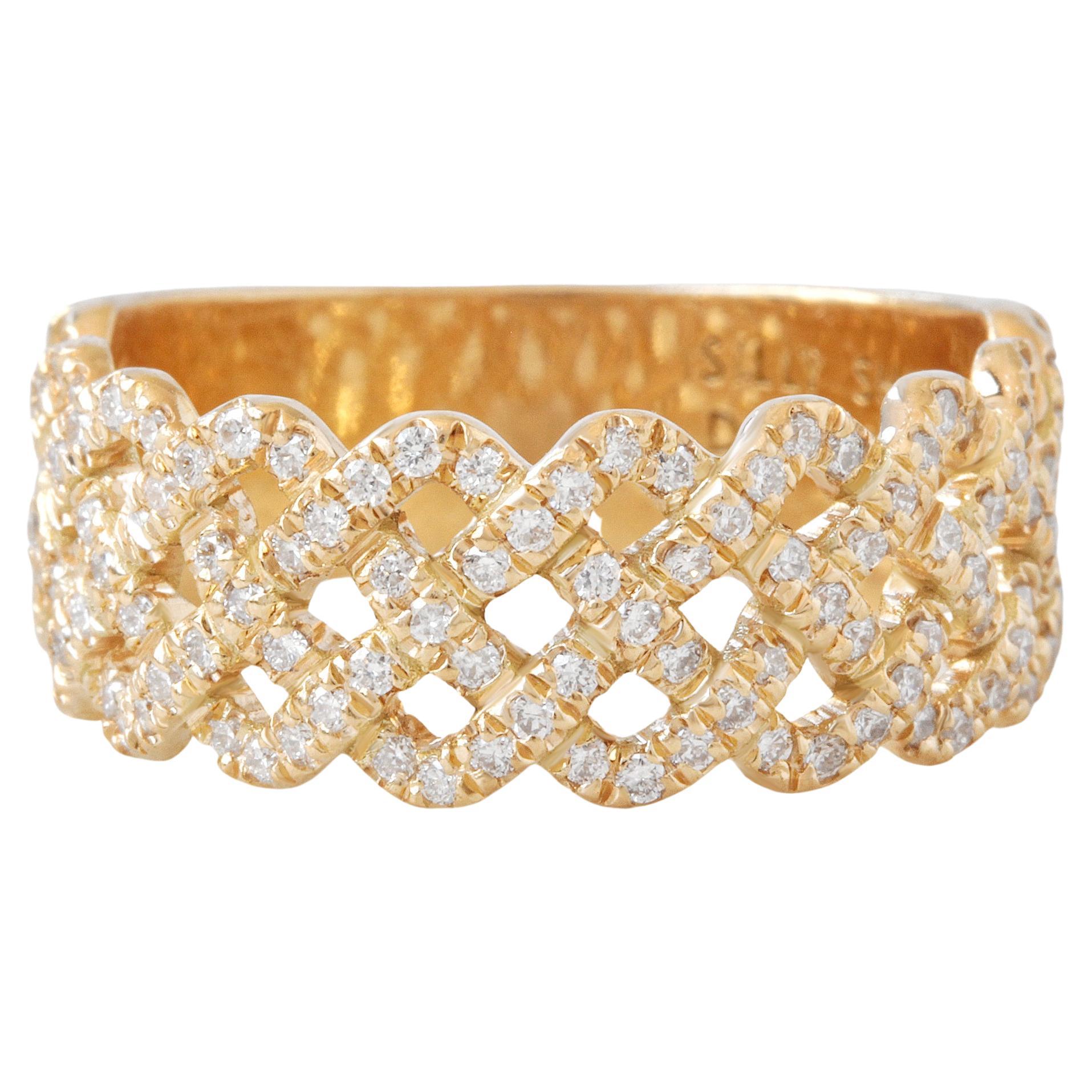 Braided Wide Diamond Anniversary Band, 18k Yellow Gold For Sale