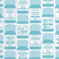 Brain Candy Screen Printed Wallpaper in Aqua 'Aqua Blue on Soft White'