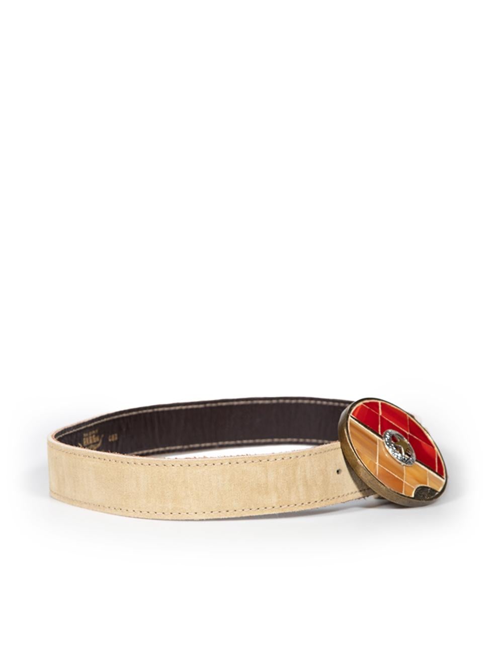 CONDITION is Good. General wear to belt is evident. Moderate signs of wear to the buckle with tarnishing and scratches and discolouration on the suede belt. The buckle holes are warped on this used Brambilla designer resale item. Comes with extra